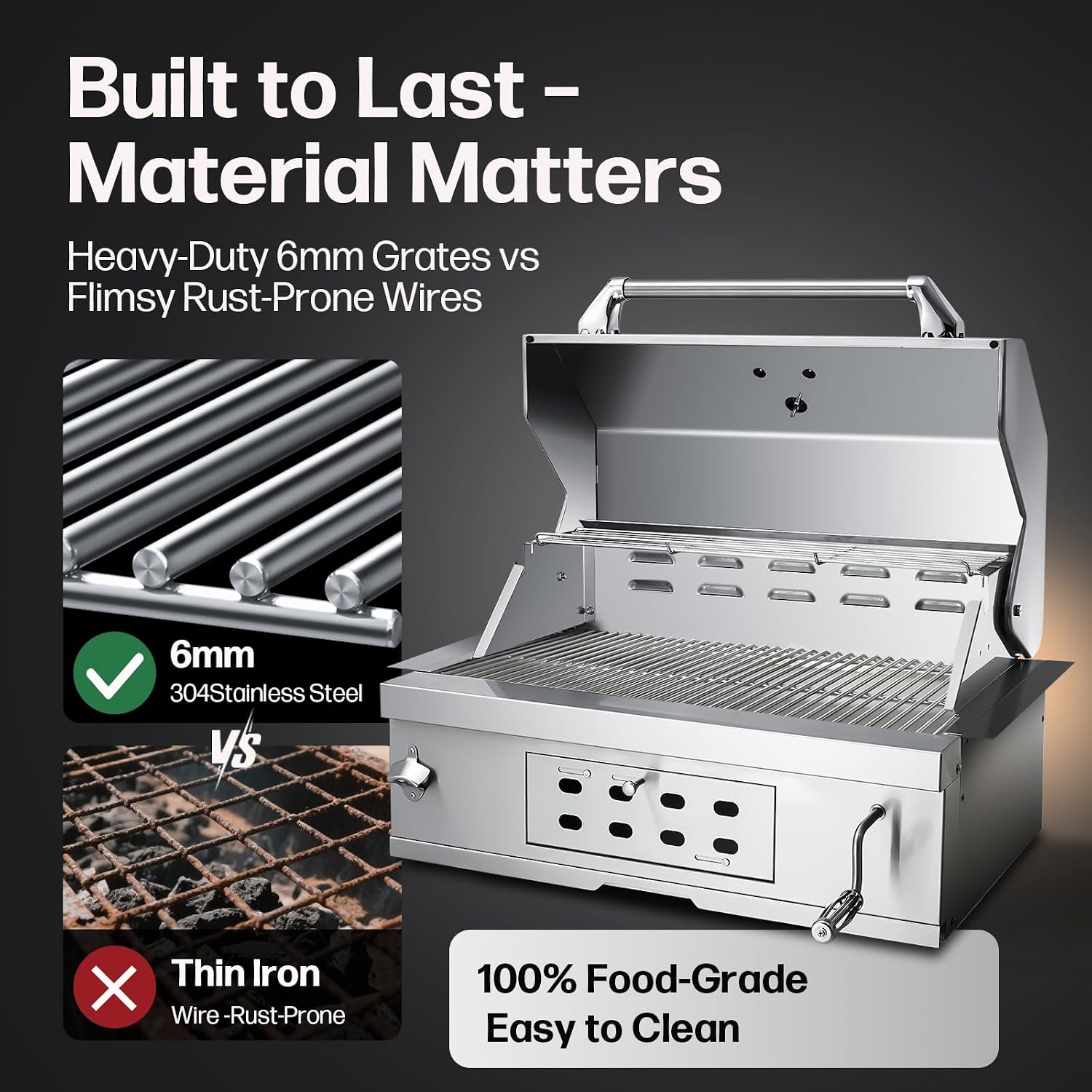 Large Built-In Charcoal BBQ Grill, Charcoal Grills with Liftable Tray, Insulated Hood & Temperature Gauge, Heavy-Duty Stainless Steel Barbecue Grill for Outdoor Kitchen, Family Parties, and Camping