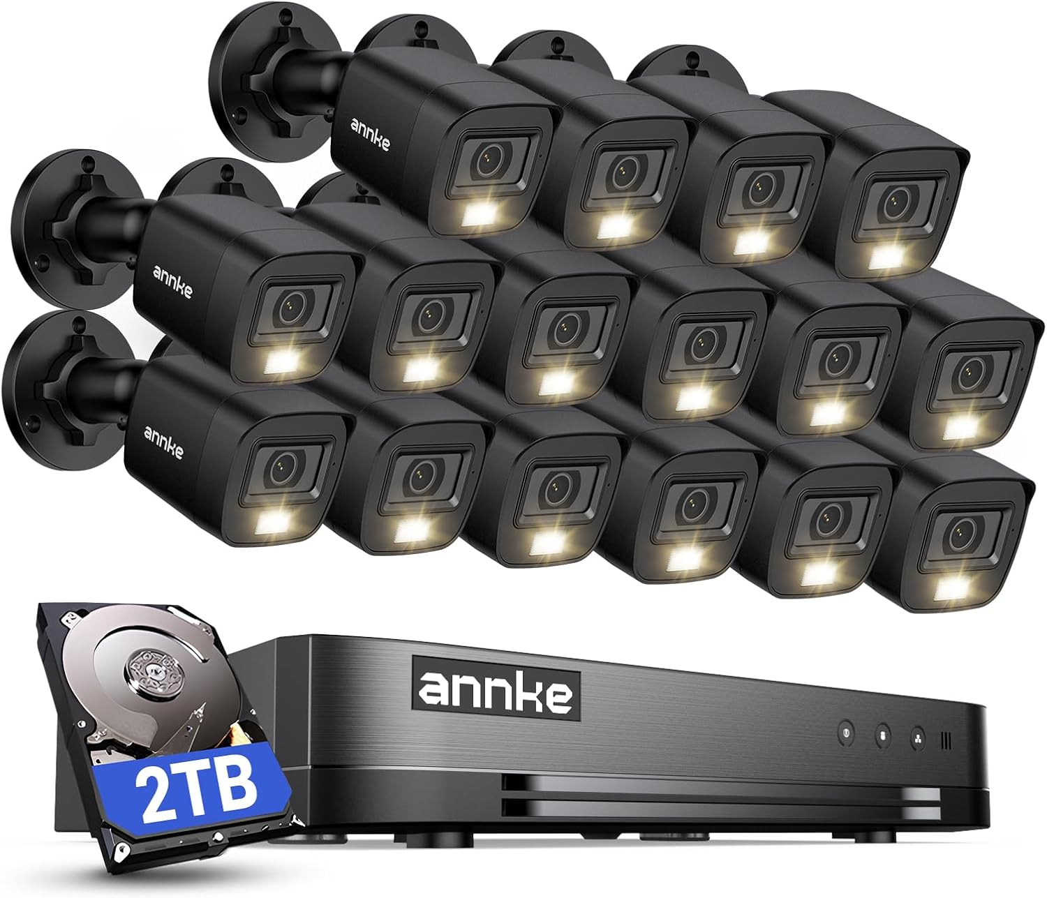 ANNKE 1080P Lite H.265+ 16CH Security Camera System, 5 in 1 Surveillance DVR and 16Pcs 1080P Outdoor Cameras, IP67 Waterproof, 2TB HDD, Smart Dual Light, View Remotely, Motion Detection