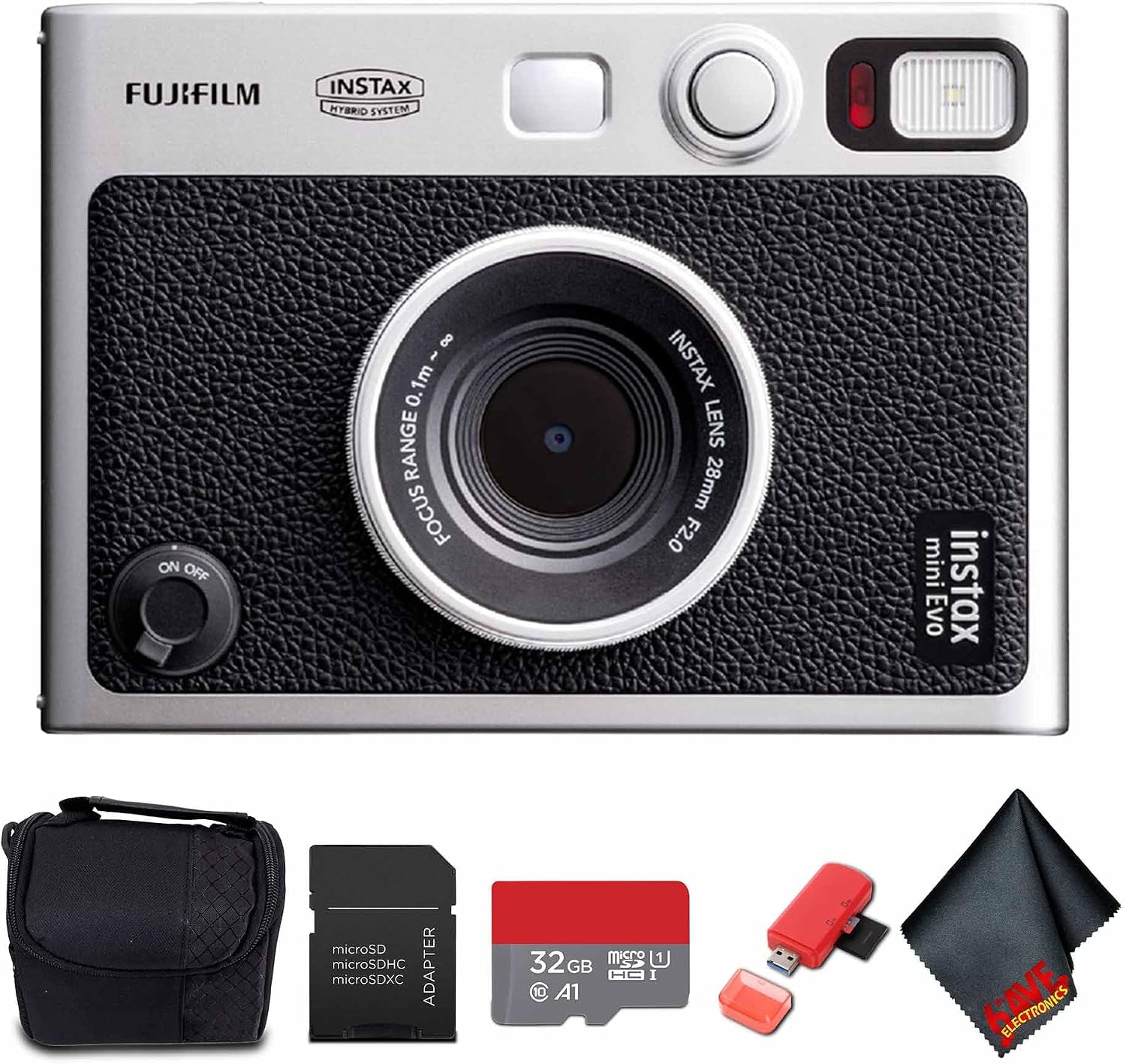 FUJIFILM INSTAX MINI EVO Hybrid Instant Camera (Black) Bundle with 32GB Memory Card + Camera Case + USB Card Reader, SD/microSD + Microfiber Cleaning Cloth