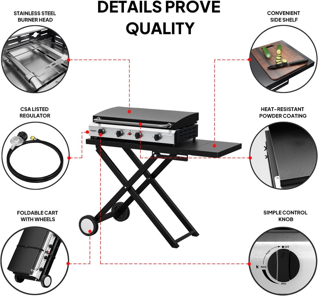 ROVSUN 40000 BTU Foldable Flat Top Gas Grill with Cart, Enameled Tray & Lid, 4 Burner Portable Rolling Propane Griddle with Electronic Ignition & Regulator for Outdoor Cooking Camping BBQ Tailgating