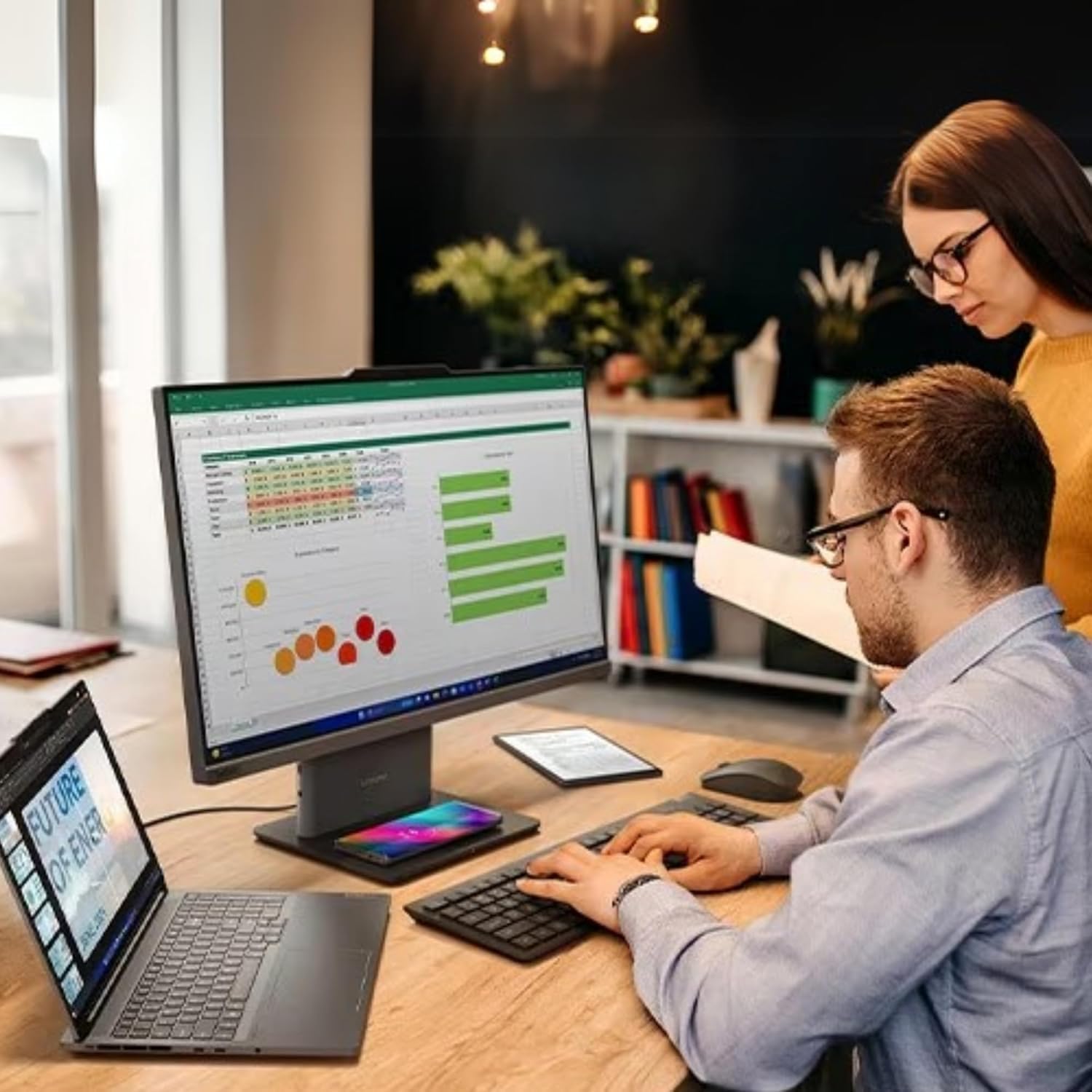 Lenovo IdeaCentre 27' Touchscreen All-in-One Desktop Computer • 6-core AMD Ryzen 5 Processor • 16GB DDR5 • 256GB SSD • Office 365 for The Web • Wireless KB&Mouse • Wireless Charging Base • Win 11