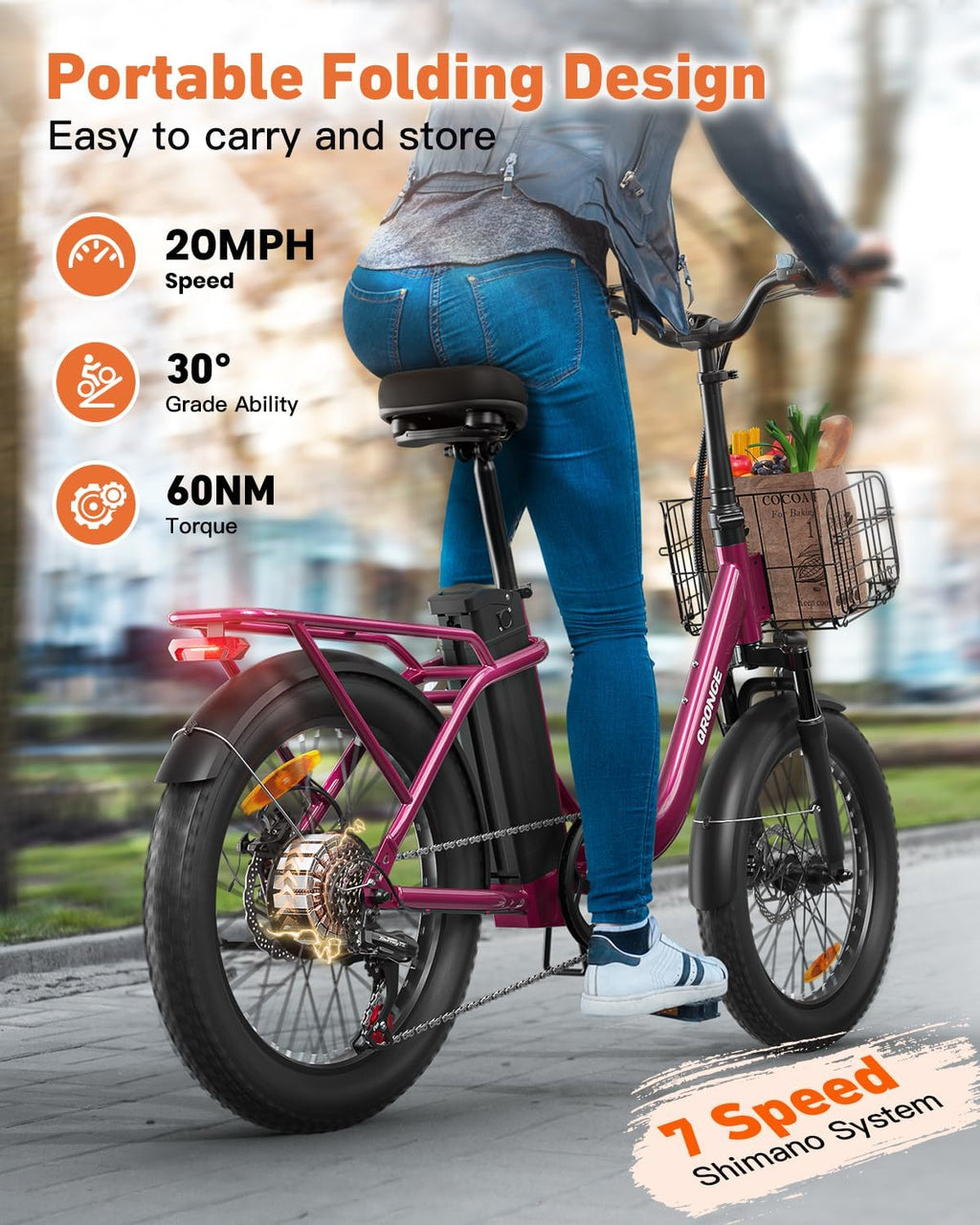 QRONGE Electric Bike, 1000W Peak Folding Electric Bike, 486Wh 70 Miles Range Ebike, 20' Step-Thru Bicycle with Front Basket, Waterproof Removable Battery, 7 Speed, 25 MPH Max