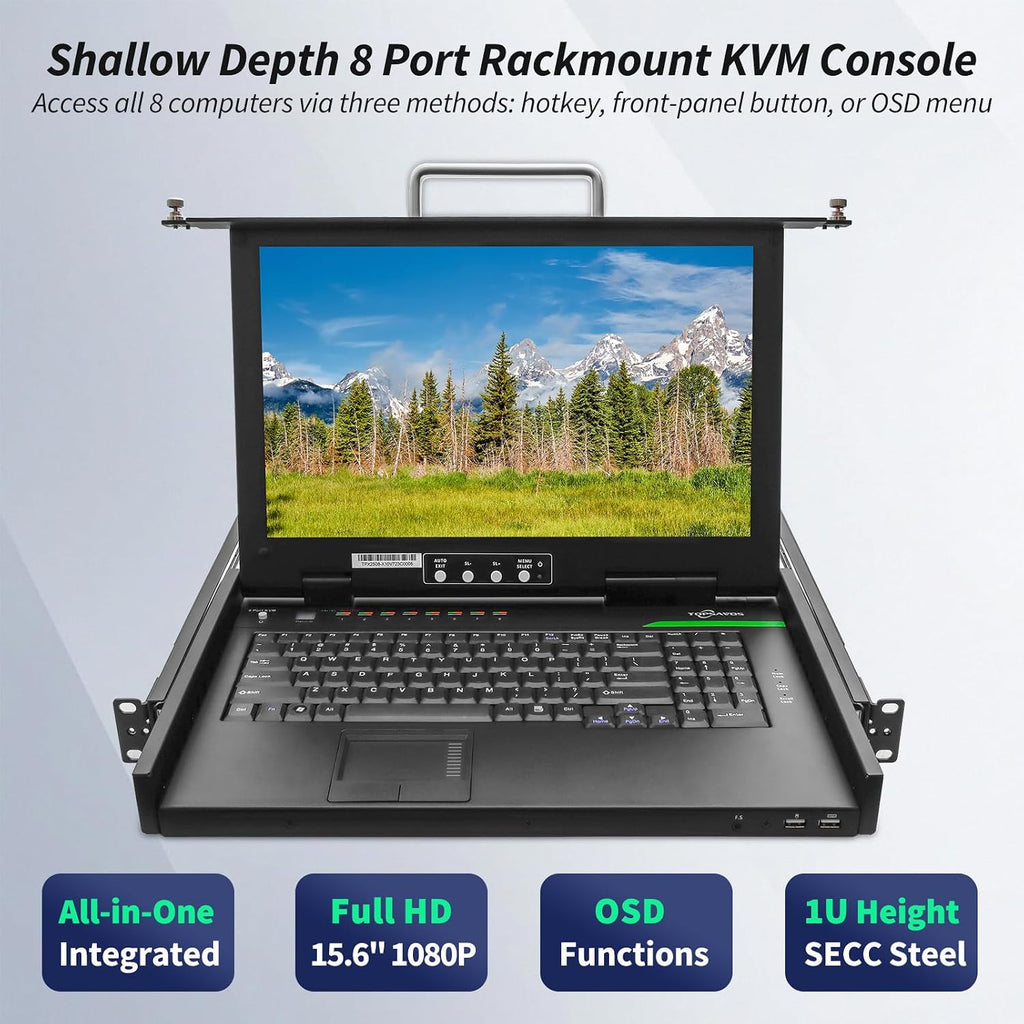 1U Rack Mount KVM Console, 1080P 15.6' LCD Monitor, 8 Port VGA KVM Switch with Keyboard Touchpad, OSD Control, 8 VGA USB KVM Cables, Dual Power Supply, All in One for Short Depth Network Cabinets