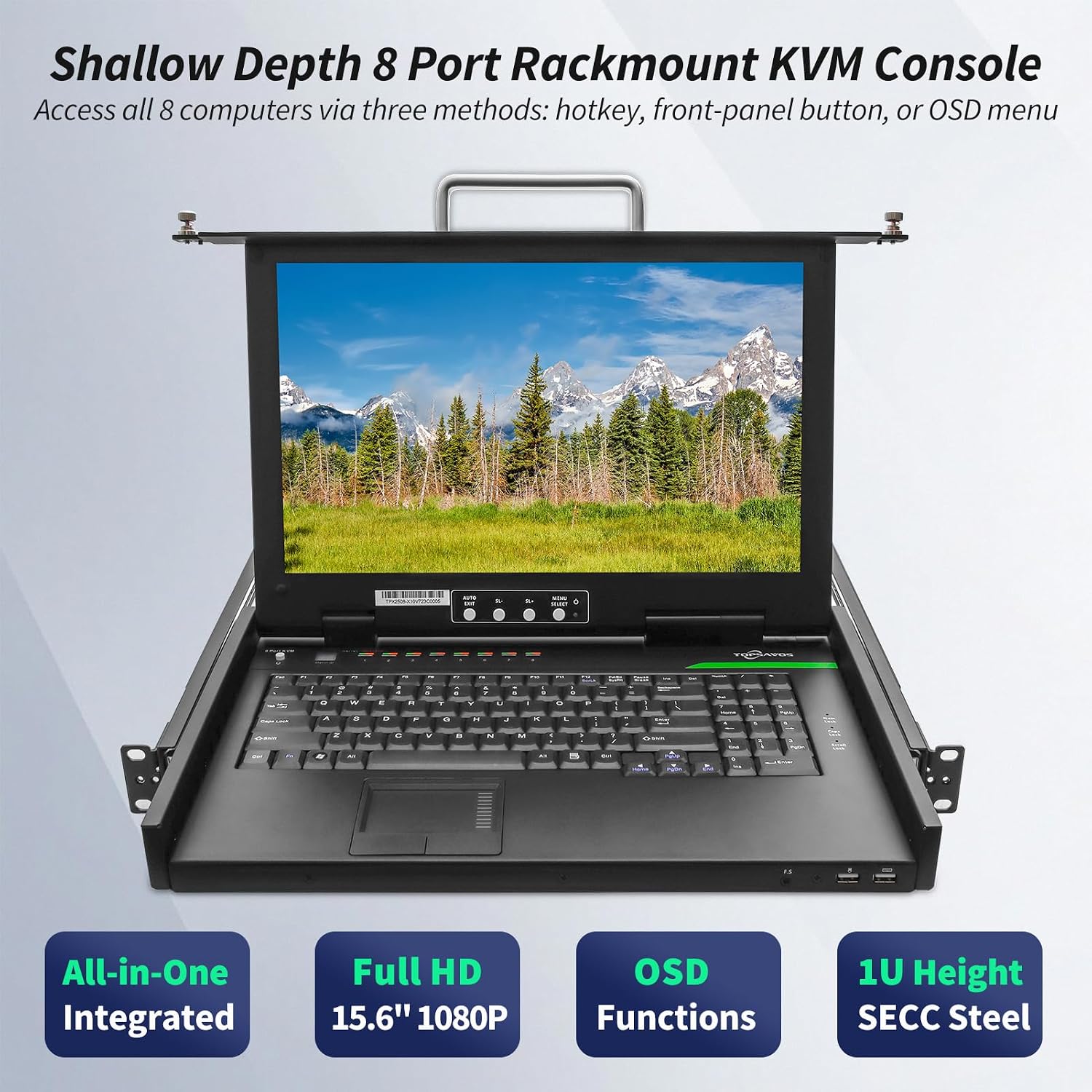 1U Rack Mount KVM Console, 1080P 15.6' LCD Monitor, 8 Port VGA KVM Switch with Keyboard Touchpad, OSD Control, 8 VGA USB KVM Cables, Dual Power Supply, All in One for Short Depth Network Cabinets