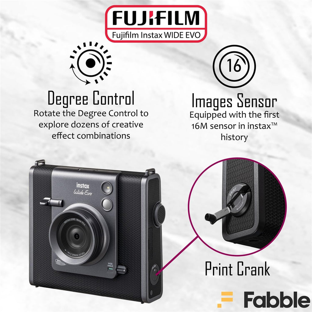 Fujifilm Instax Wide Evo Hybrid Instant Camera – Bundle with 20-Exposure Film Twin Pack, Protective Case, 32 GB microSDHC Card, USB Card Reader & Cleaning Cloth