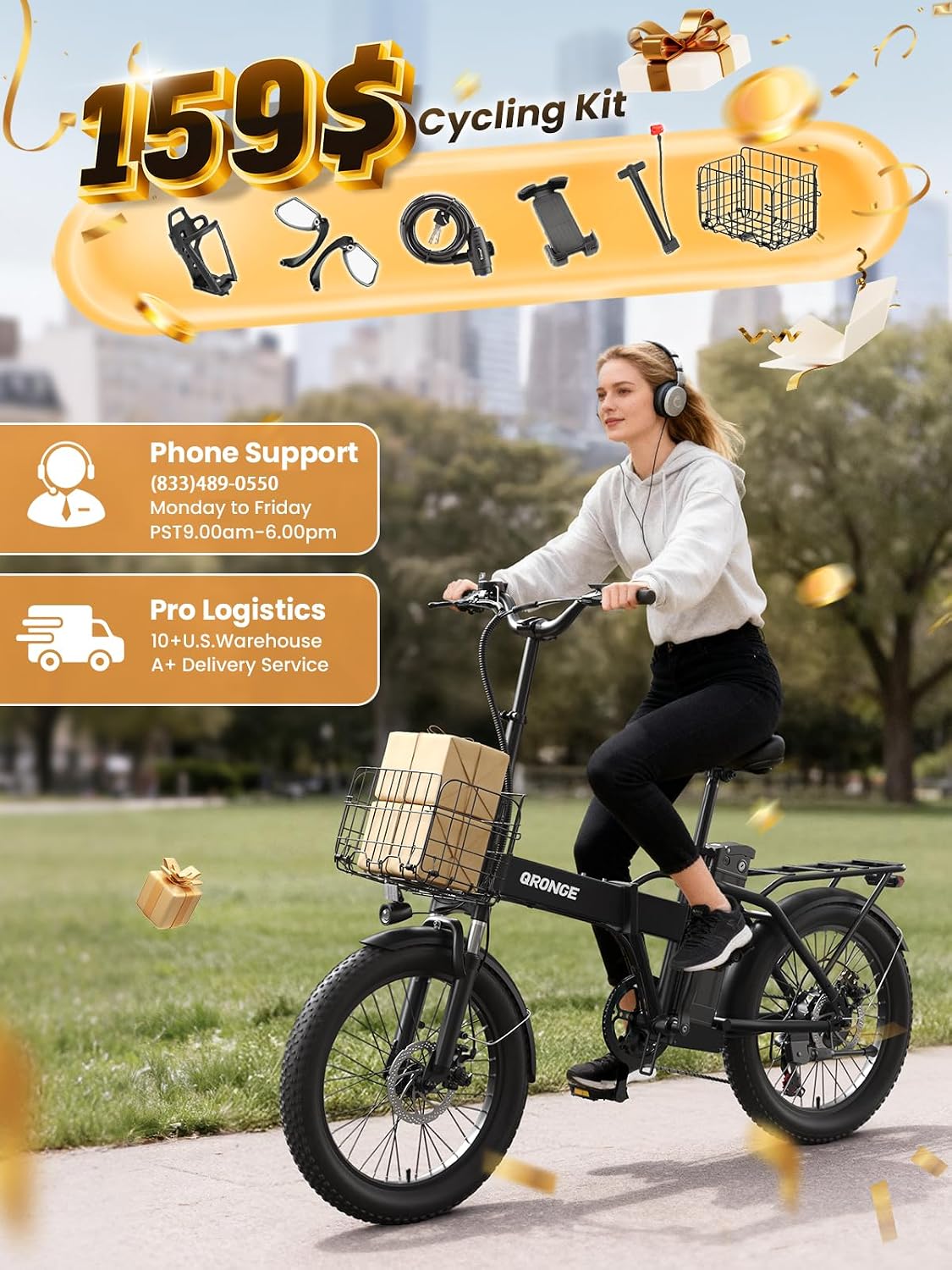 QRONGE Folding Electric Bike, E-Bike Foldable 1000W Peak, 48V 13.5AH Removable Battery Ebike, 20' Fat Tire, 70 Max Miles Range, 28maxMPH, Electric Bike for Adults, Adult Electric Bicycles for Commute