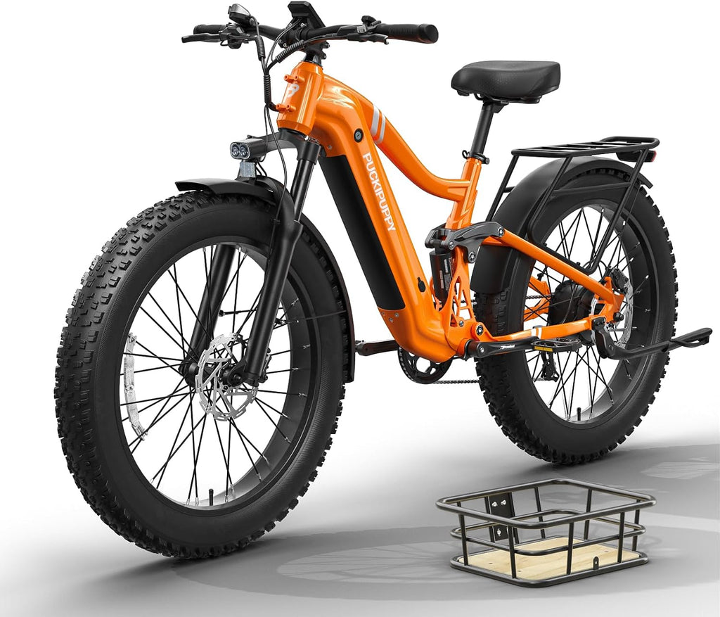 PUCKIPUPPY Electric Bike for Adults 960W, 48V 20AH Battery Adult Ebike, Full Suspension 26' Fat Tire E Bike, 28MPH 80Miles Range Mountain Electric Bicycle, 7 Speed, Hydraulic Disc Brakes