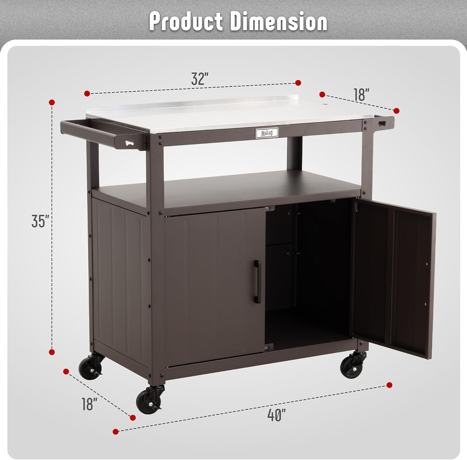 Feasto Outdoor Grill Cart with Stainless Steel Tabletop and Storage Cabinet, Movable Kitchen Island with Wheels for BBQ Food Prep, Brown