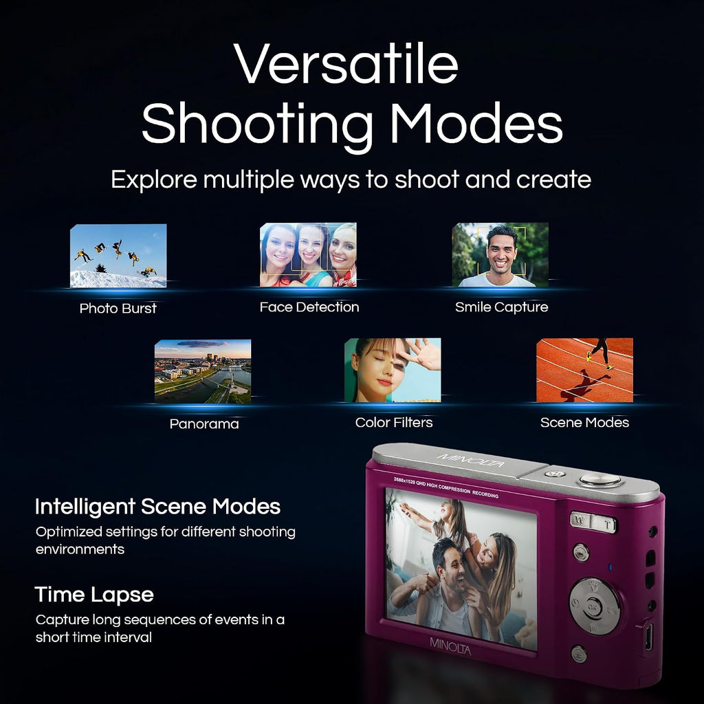 Minolta MND20 44MP Digital Camera – 2.7K Ultra HD Video, 16X Digital Zoom, Anti-Shake Stabilization, Time Lapse, Face Detection, 2.9-inch LCD Display – Lightweight Compact Camera (Magenta)