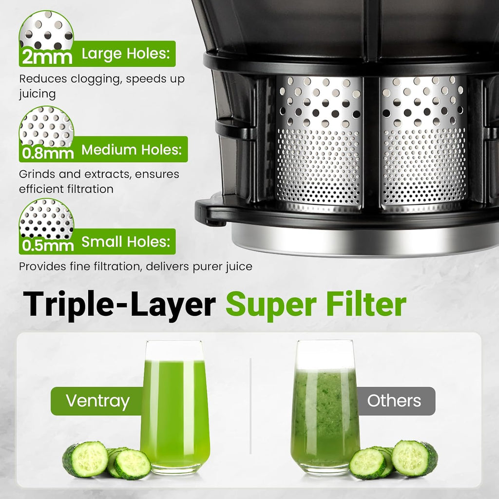 Ventray Juicer Machine, Cold Press Juicer with 5.1'' Extra Large Feed Chute for Whole Vegetables & Fruits, 250w, High Juice Yield, Easy to Clean with Brush