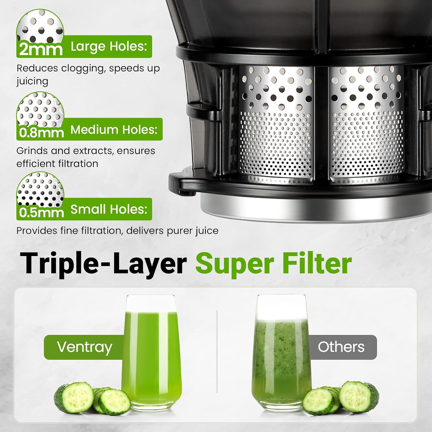 Ventray Juicer Machine, Cold Press Juicer with 5.1'' Extra Large Feed Chute for Whole Vegetables & Fruits, 250w, High Juice Yield, Easy to Clean with Brush