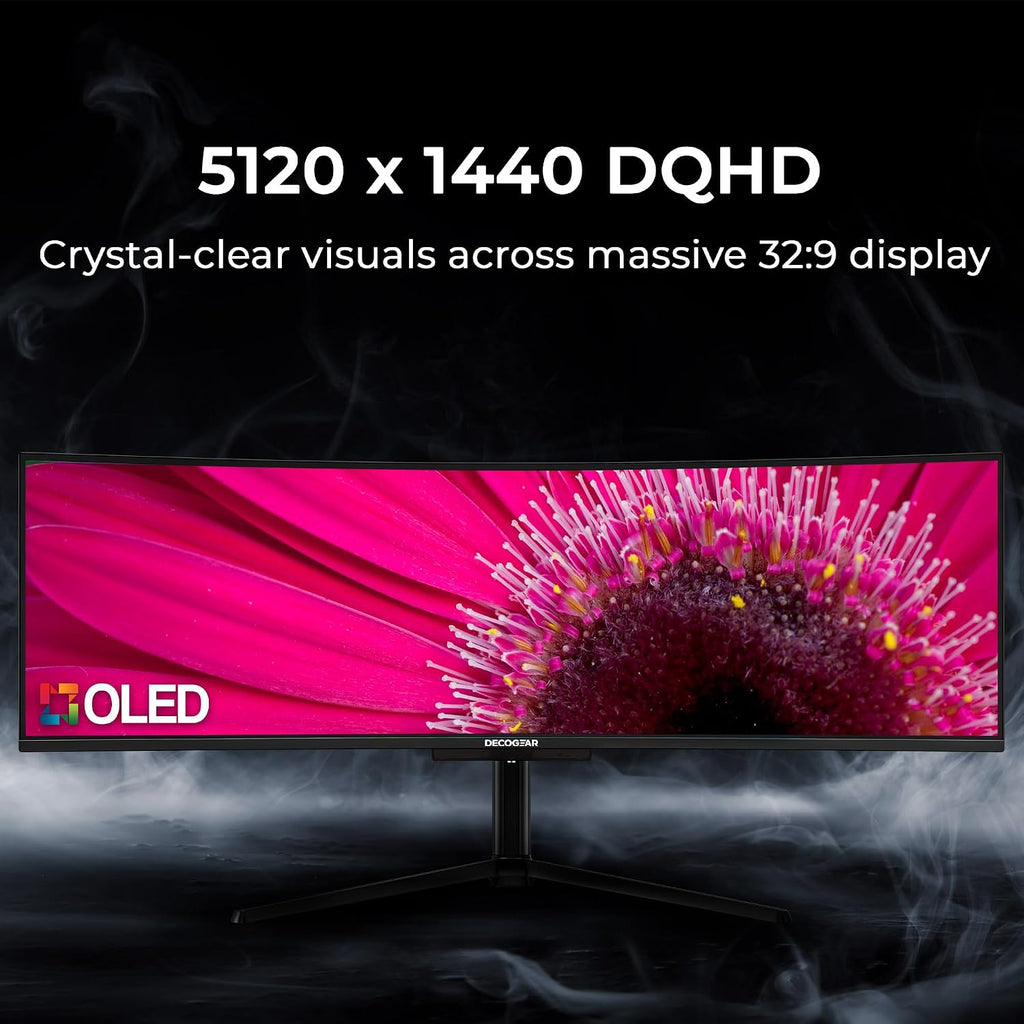 Deco Gear OLED 49 Inch Curved Monitor, 5K2K 5120×1440 Ultrawide Dual QHD, 144HZ, 0.03ms, 32:9 HDR400, Adaptive Sync, R1800 Premium 100% sRGB 90W USB-C, Built-in Speakers Height Adjustable Stand