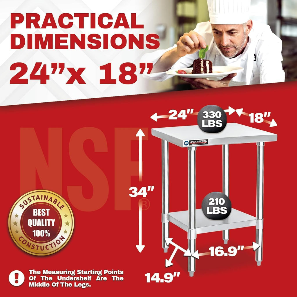 DuraSteel 24x18 Stainless Steel Work Table - NSF Commercial Prep Metal Table - Outdoor Pizza Oven Stand w/Under Shelf - Kitchen Island Laundry Utility Garage Microwave Stand Large Rolling Storage Cart