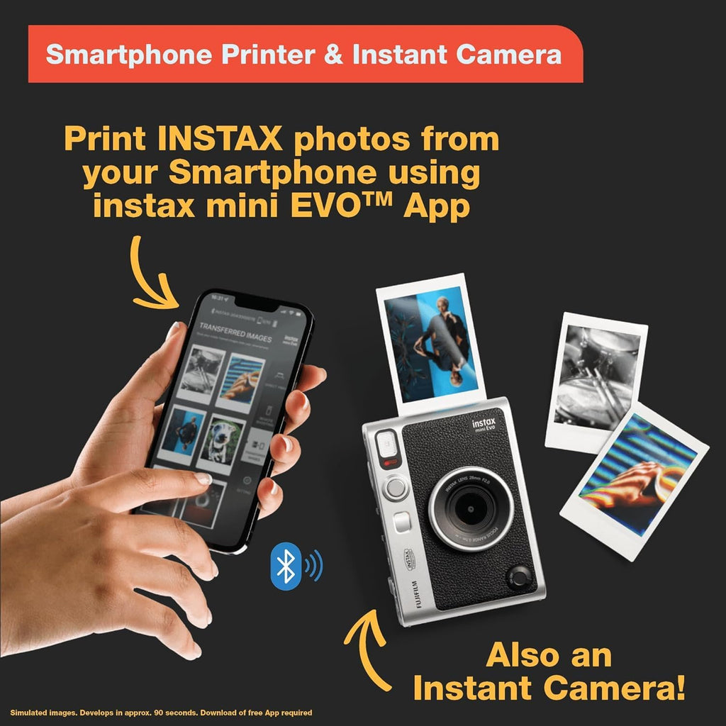 Fujifilm Instax Mini EVO Instant Camera with Sunshine Photo Microfiber Cleaning Cloth (Camera + 1 Twin & 1 Candy Pop, Brown)