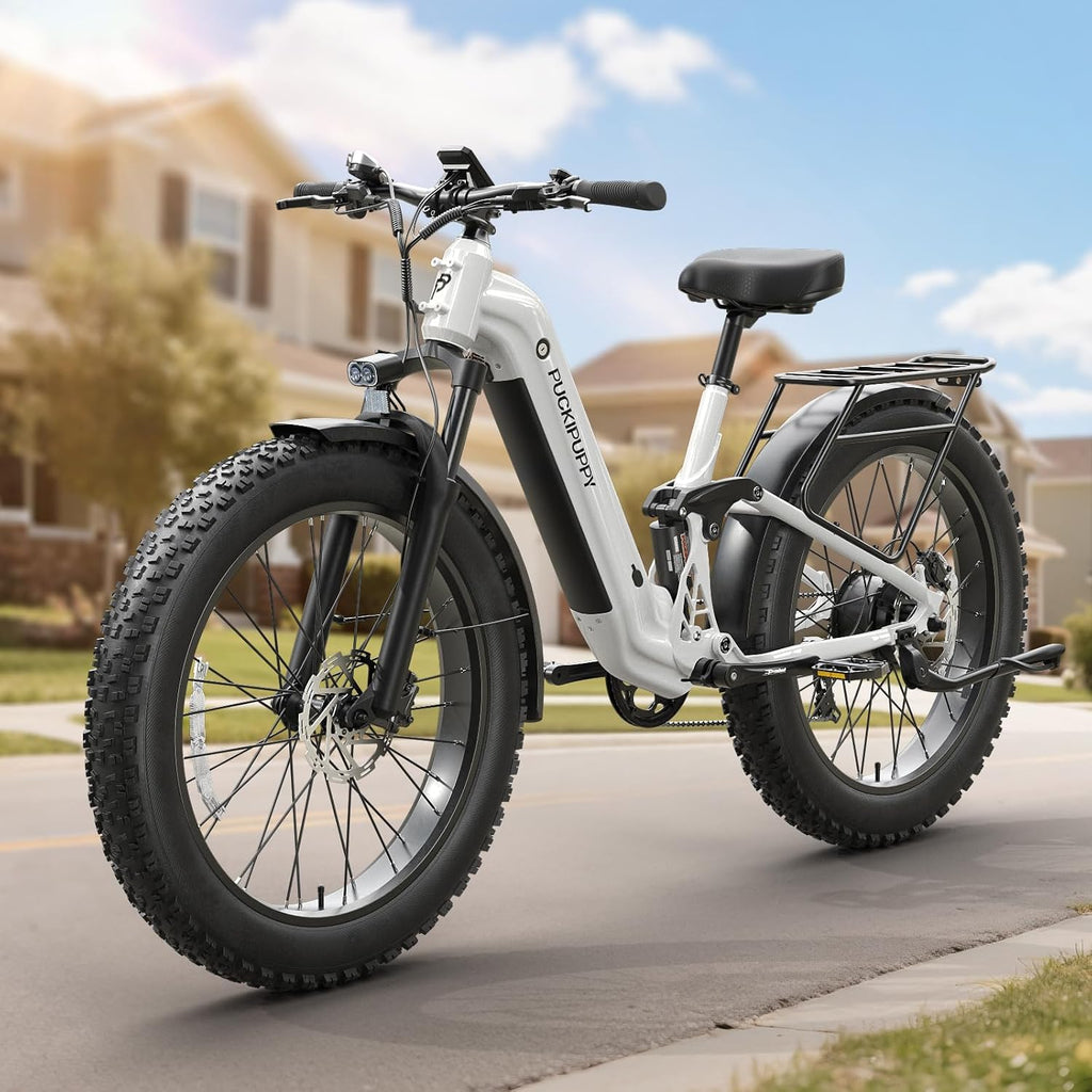 PUCKIPUPPY Electric Bike for Adults 960W, 48V 20AH Battery Adult Electric Bicycles, 26' Fat Tire Full Suspension Step-Thru Ebike, 28MPH Mountain Ebike, 7 Speed, 80Miles Range