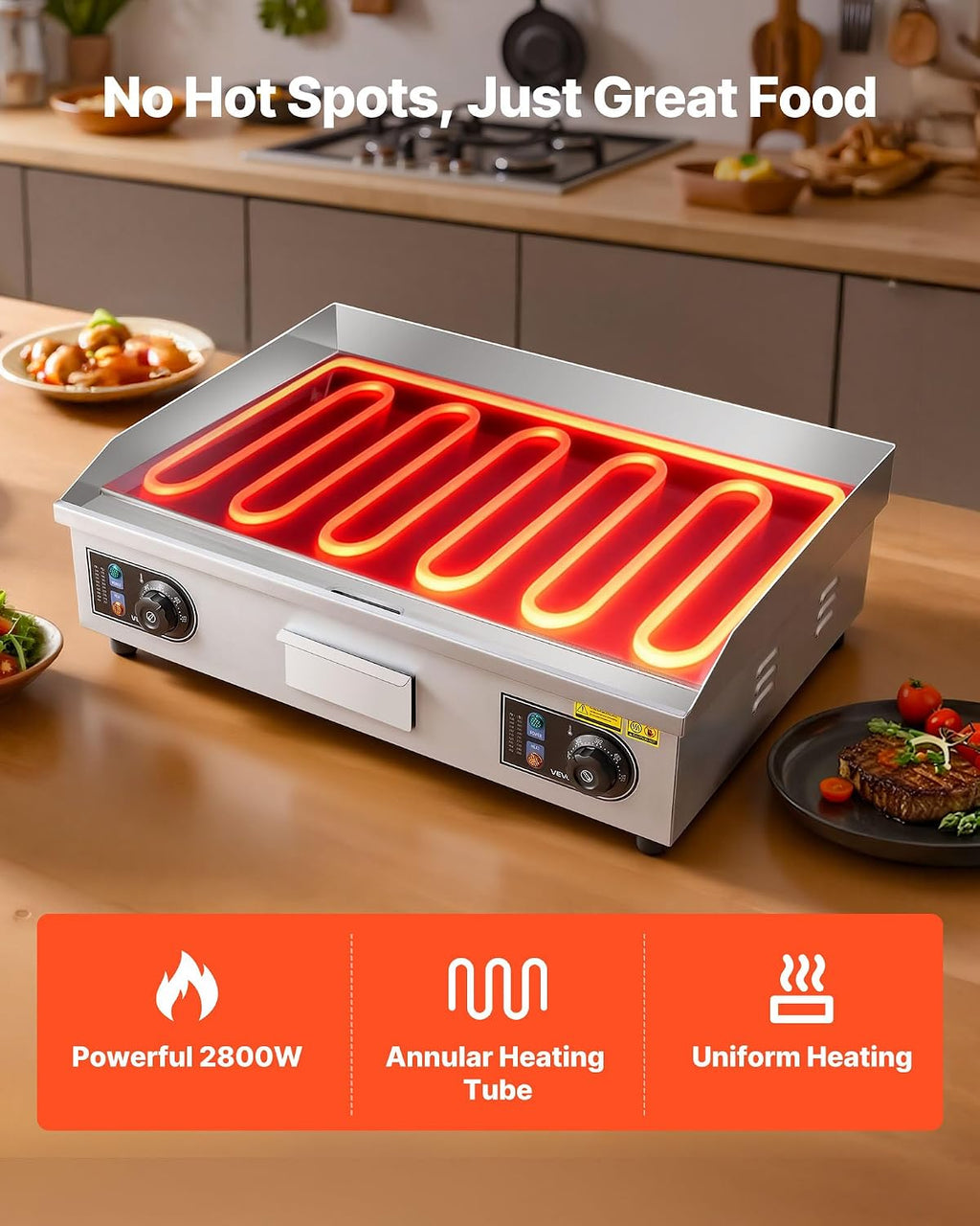 VEVOR Commercial Electric Griddle, 25.79 x 15.75 inch, 2800W, 122-570°F Adjustable Temp Control, Stainless Steel Body, Full Flat, with 2 Spatulas, 2 Brushes, and 4 Foot Pads, for Steak(NO PLUG)