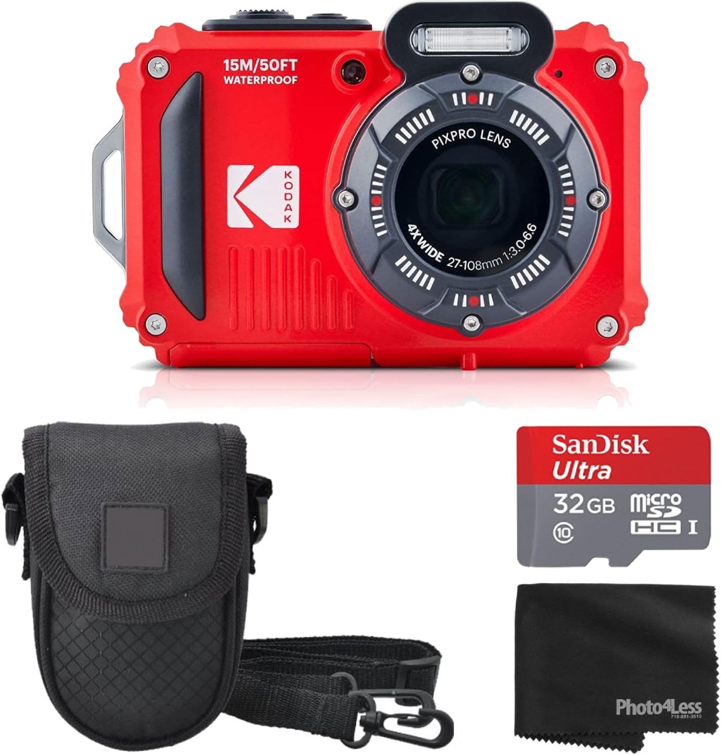 Kodak PIXPRO WPZ2 Rugged Waterproof Shockproof Digital Camera 16MP 4X Optical Zoom 1080P Full HD Video, 2.7' LCD (Red) Bundle with Camera Case, SanDisk 32GB microSDHC Card (4 Items)