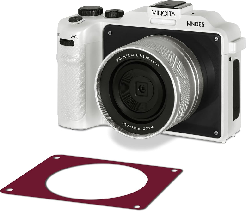 Minolta Digital Camera – 56MP Photos, 4K 60FPS Video, Dual-Lens Selfie Design, 18X Zoom, Wi-Fi, RAW/JPEG Capture, 3' LCD, Replaceable Faceplates (Black & Red), Compact Travel Camera (White)