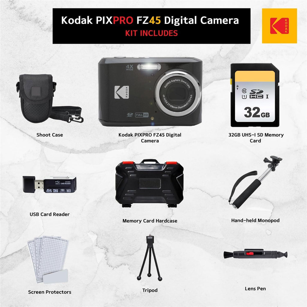 Kodak PIXPRO FZ45 Digital Camera, 32GB Memory Card, Point and Shoot Camera Case, Extendable Monopod, Lens Cleaning Pen, LCD Screen Protectors, Table Top Tripod â€' Ultimate Bundle (Black)