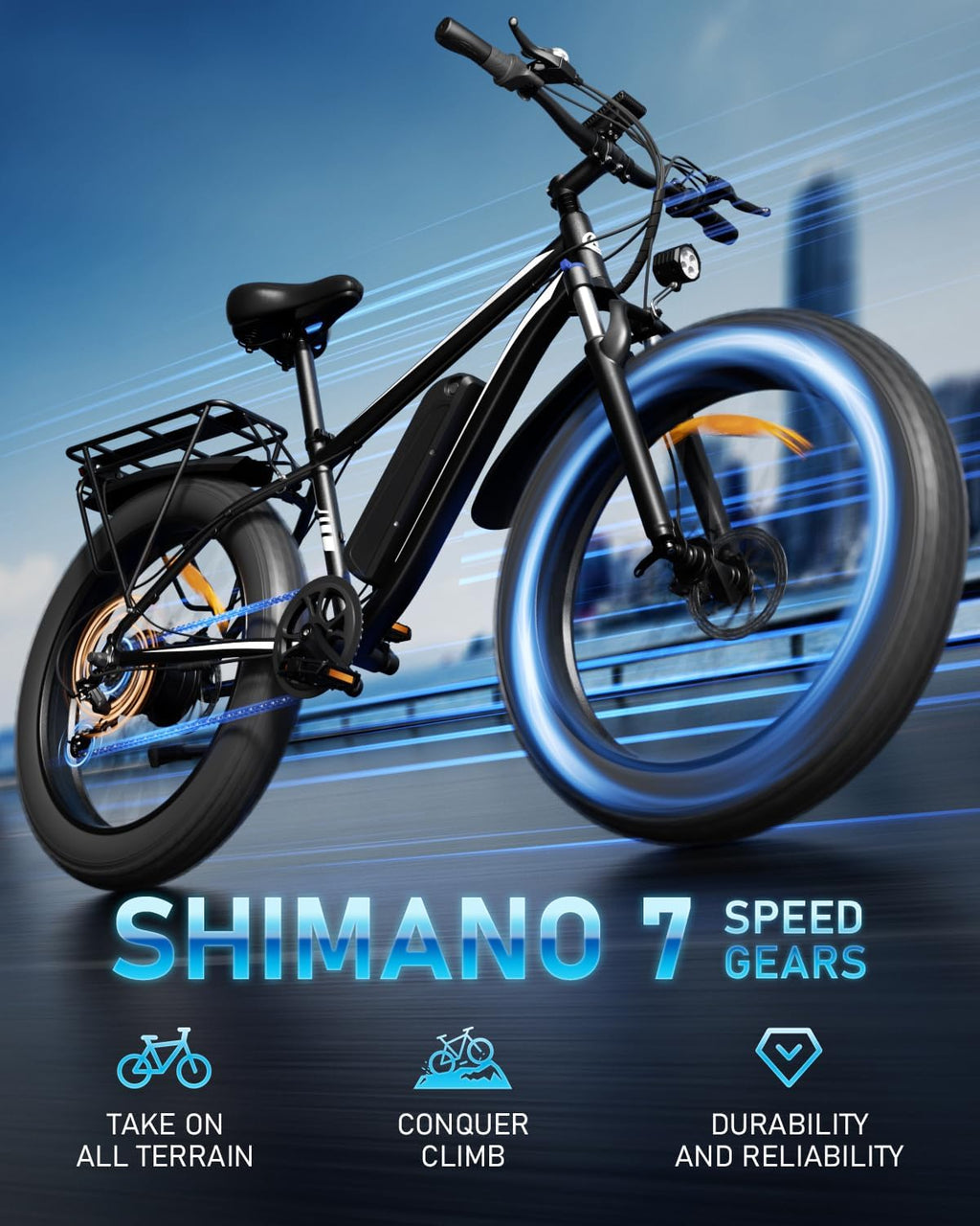 AMYET EB26 Electric Bike for Adults Peak 1500W Electric Bicycle 48V 15AH (720WH) Battery Electric Bike 26' Fat Tire Mountain 28mph 7 Speed Gears Ebike with UL 2849 Certified