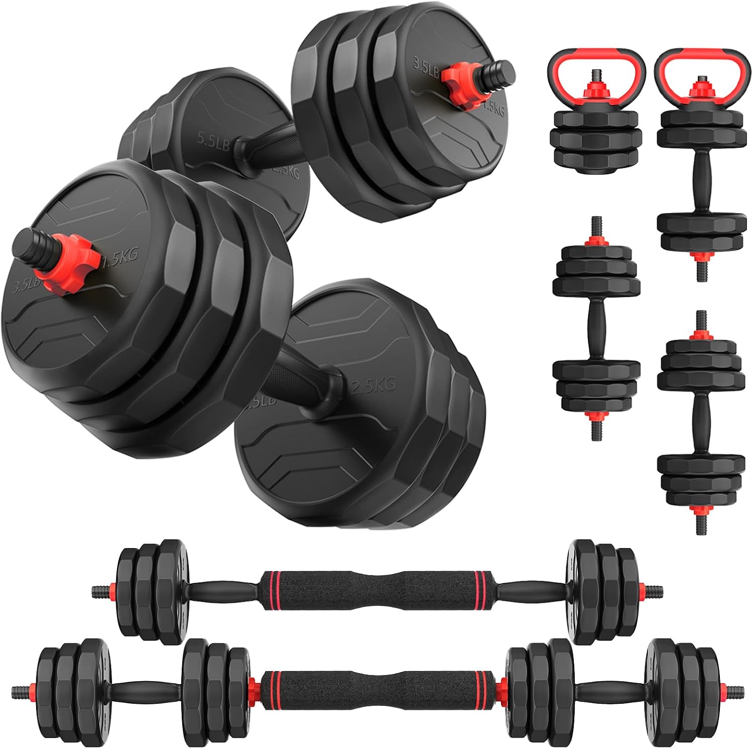 FITPLAM Adjustable dumbbell set,20/35/45/55/70/90lbs Free Weights set with upgraded nut, 5 in 1 Weight Set Used as Kettlebells, Barbell, Push up Stand, Fitness Exercise for Home Gym Suitable Men/Women