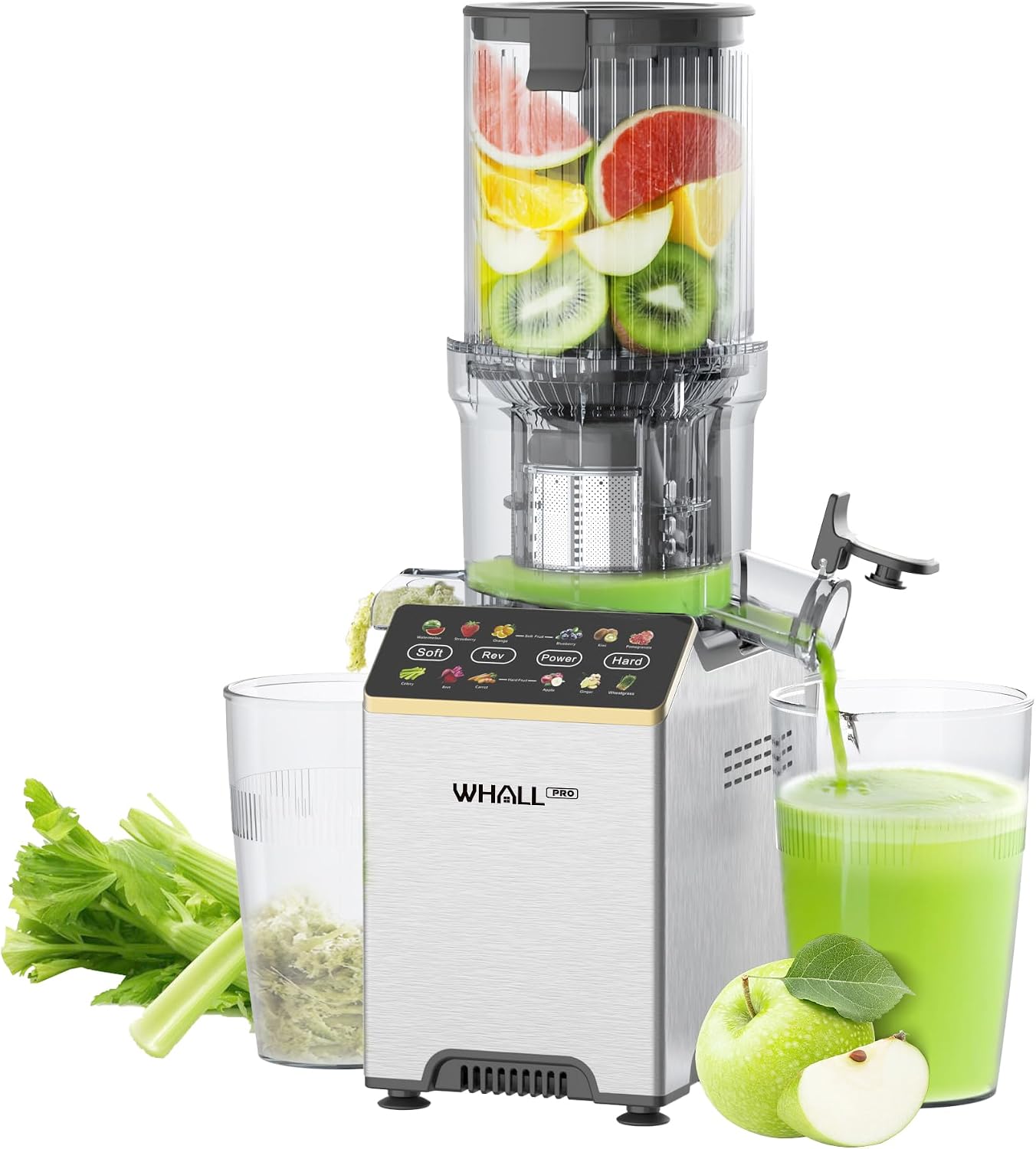 Cold Press Juicer, Touchscreen Juicer Machines with Wide Feed Chute, Stainless Steel Masticating Juicers Easy to Clean, Ergonomic Operational Panel Design, High Juice Yield, Chrome