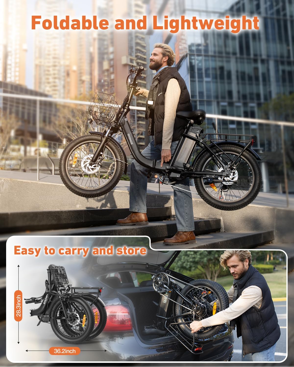 QRONGE Electric Bike, 1000W Peak Folding Electric Bike, 486Wh 70 Miles Range Ebike, 20' Step-Thru Bicycle with Front Basket, Waterproof Removable Battery, 7 Speed, 25 MPH Max