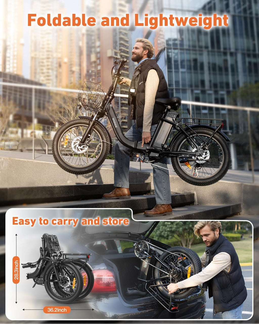 QRONGE Electric Bike, 1000W Peak Folding Electric Bike, 486Wh 70 Miles Range Ebike, 20' Step-Thru Bicycle with Front Basket, Waterproof Removable Battery, 7 Speed, 25 MPH Max