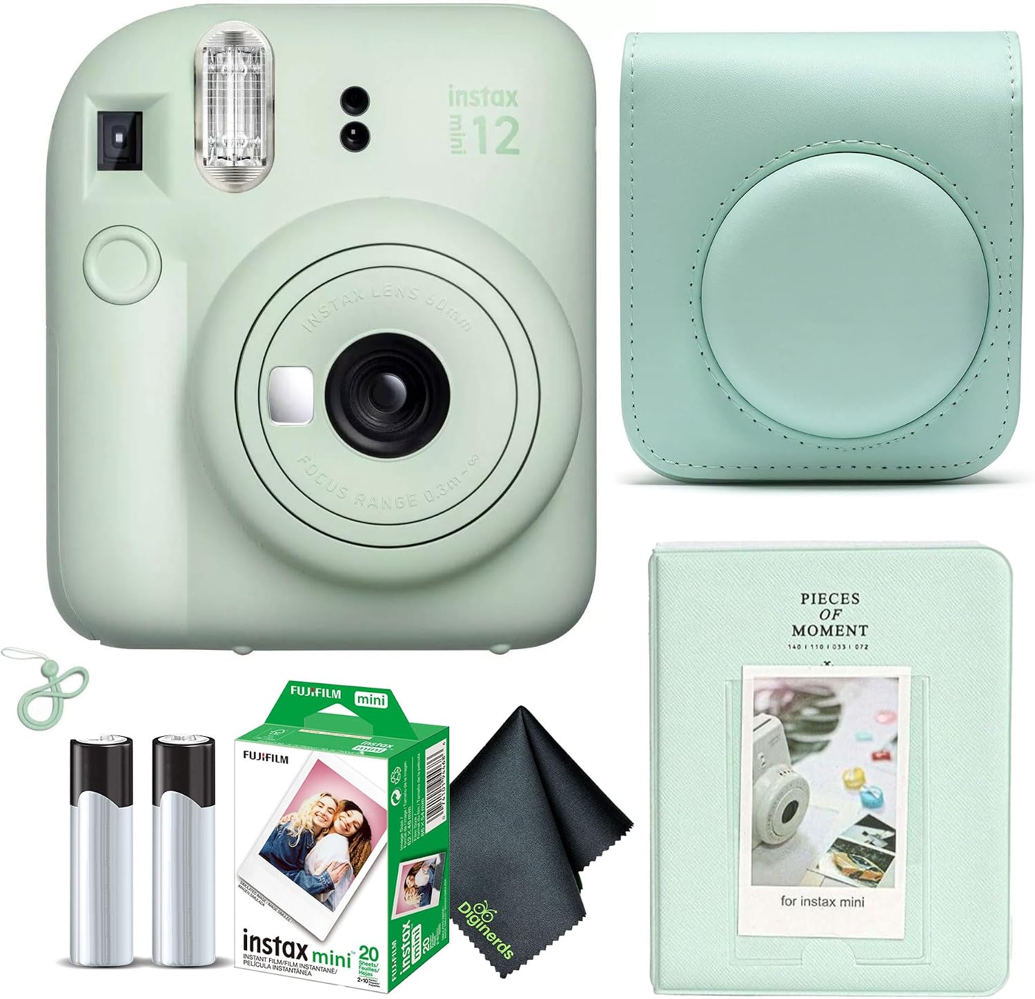 Fujifilm Instax Mini 12 Instant Camera Mint Green Bundle with Fuji Instax Mini Film Value Pack (20 Sheets) + Protective Carrying Case + Photo Album + Microfiber Cleaning Cloth