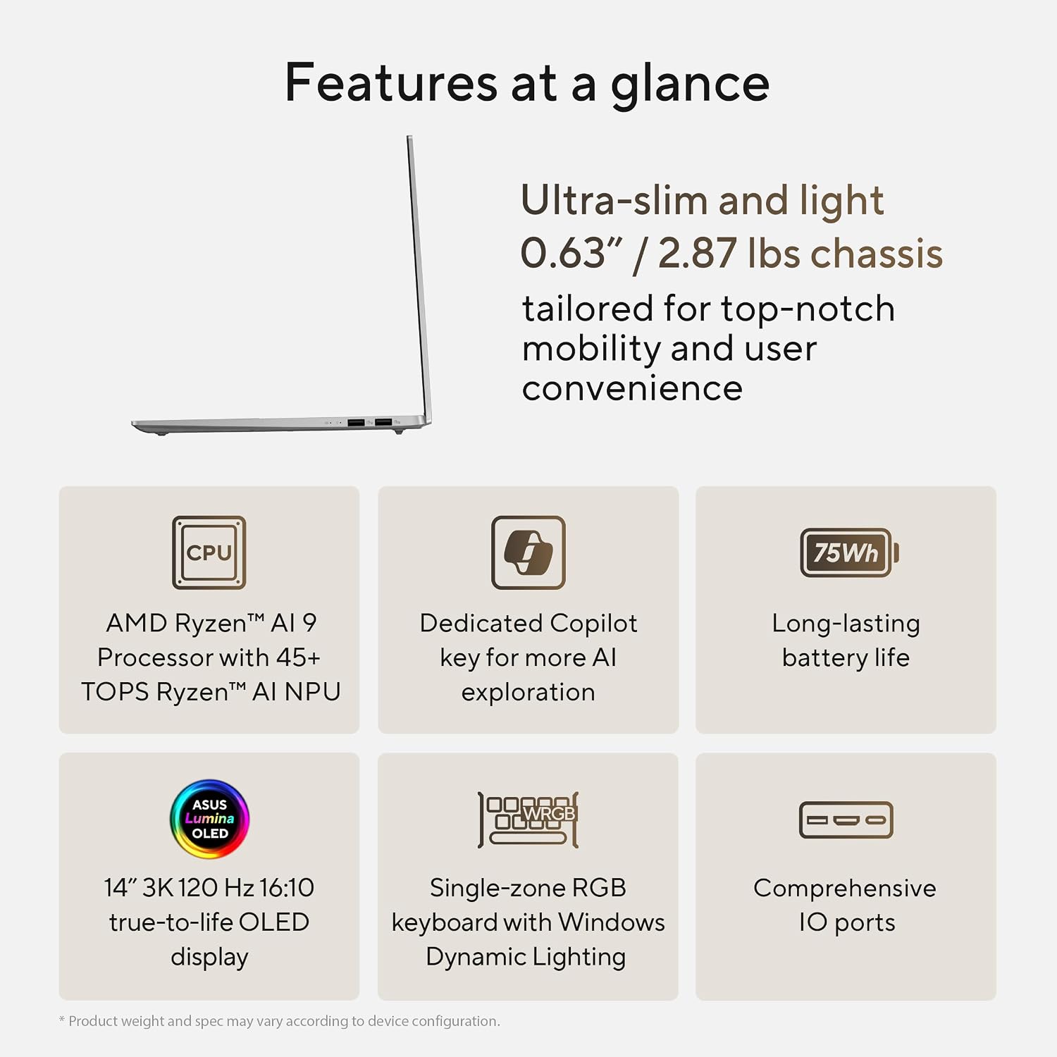 ASUS Vivobook S 14 OLED Slim Laptop, AMD Ryzen AI 9 365(10 Cores), 24GB, 1TB SSD, Customizable RGB Keyboard, Cool Silver, M5406WA-AH94