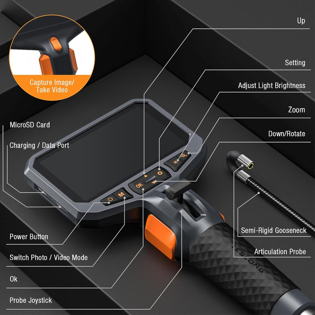 Teslong Two-Way Articulating Borescope with Light, Industrial Endoscope Inspection Camera with Articulated Probe, Flexible Mechanic Fiber Optic Snake Scope Cam for Wall Automotive Engine Inspect-5FT