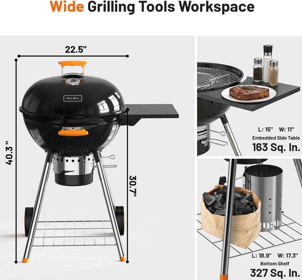 KEYO GRILL 22.5-inch Kettle Charcoal Grills, Portable Charcoal Grill with Adjustable Vents, One Click Cleaning System, Foldable Side Table Outdoor BBQ Grill for Camping, Tailgating and Backyard