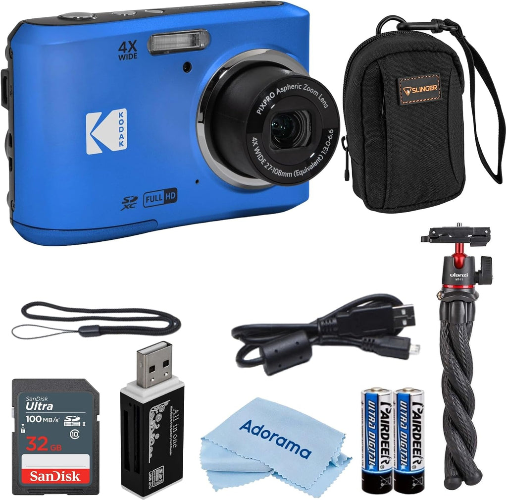 Kodak PIXPRO FZ45 Friendly Zoom 16MP Full HD Digital Camera, Bundle with 32GB Memory Card and Camera Bag, Flexible Tripod, and Card Reader (Blue)