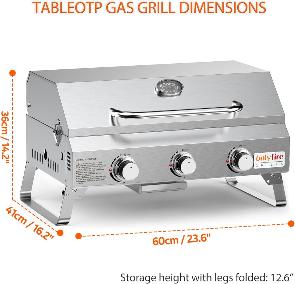 Tabletop Gas Grill 3 Burners, Portable Propane BBQ Grill with Foldable Legs & 22' Stainless Steel Grate for Outdoor Patio Backyard Barbecue, Camping Tailgating RV, 24000BTU High Output, Classic GS307