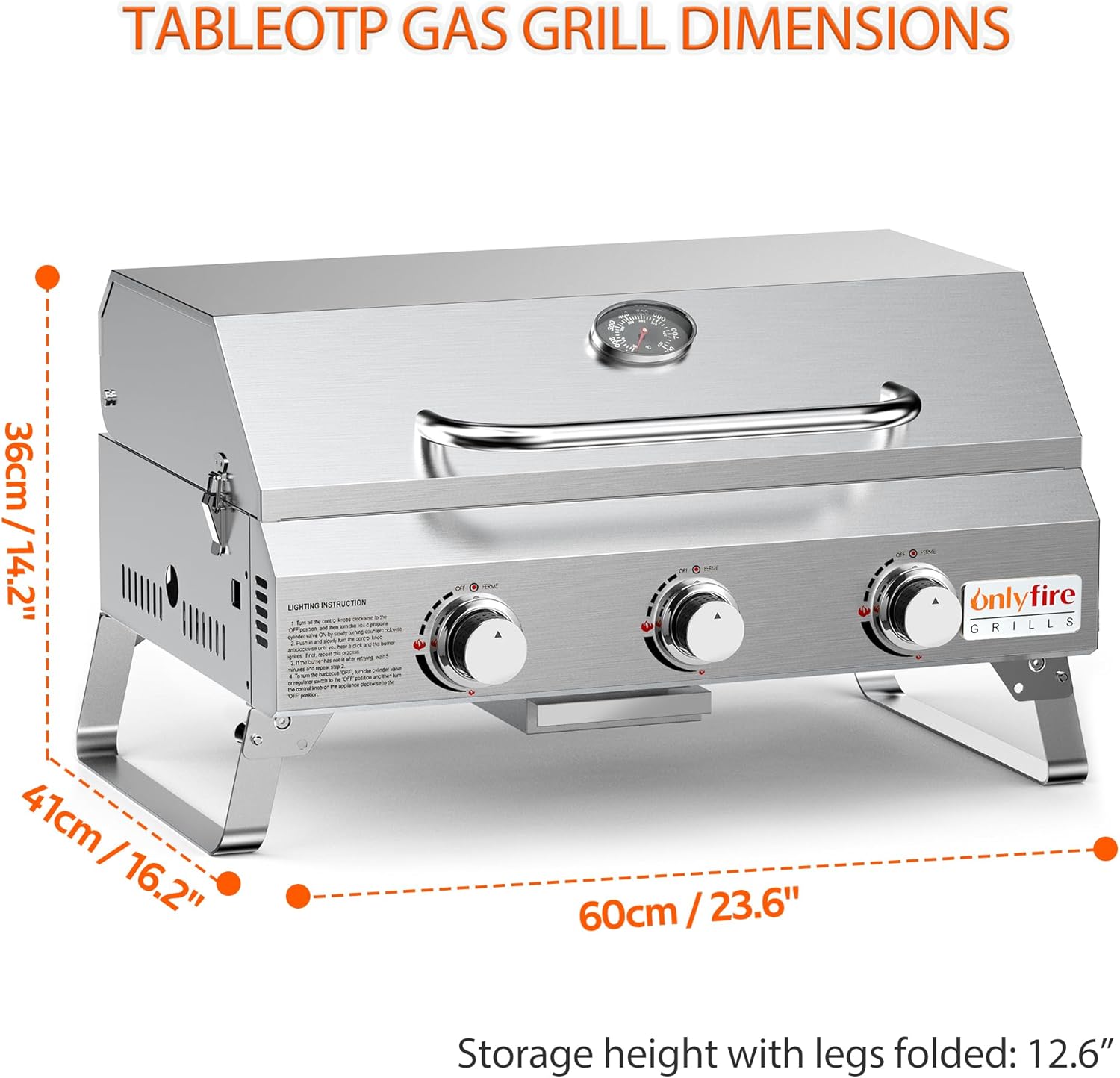 Tabletop Gas Grill 3 Burners, Portable Propane BBQ Grill with Foldable Legs & 22' Stainless Steel Grate for Outdoor Patio Backyard Barbecue, Camping Tailgating RV, 24000BTU High Output, Classic GS307