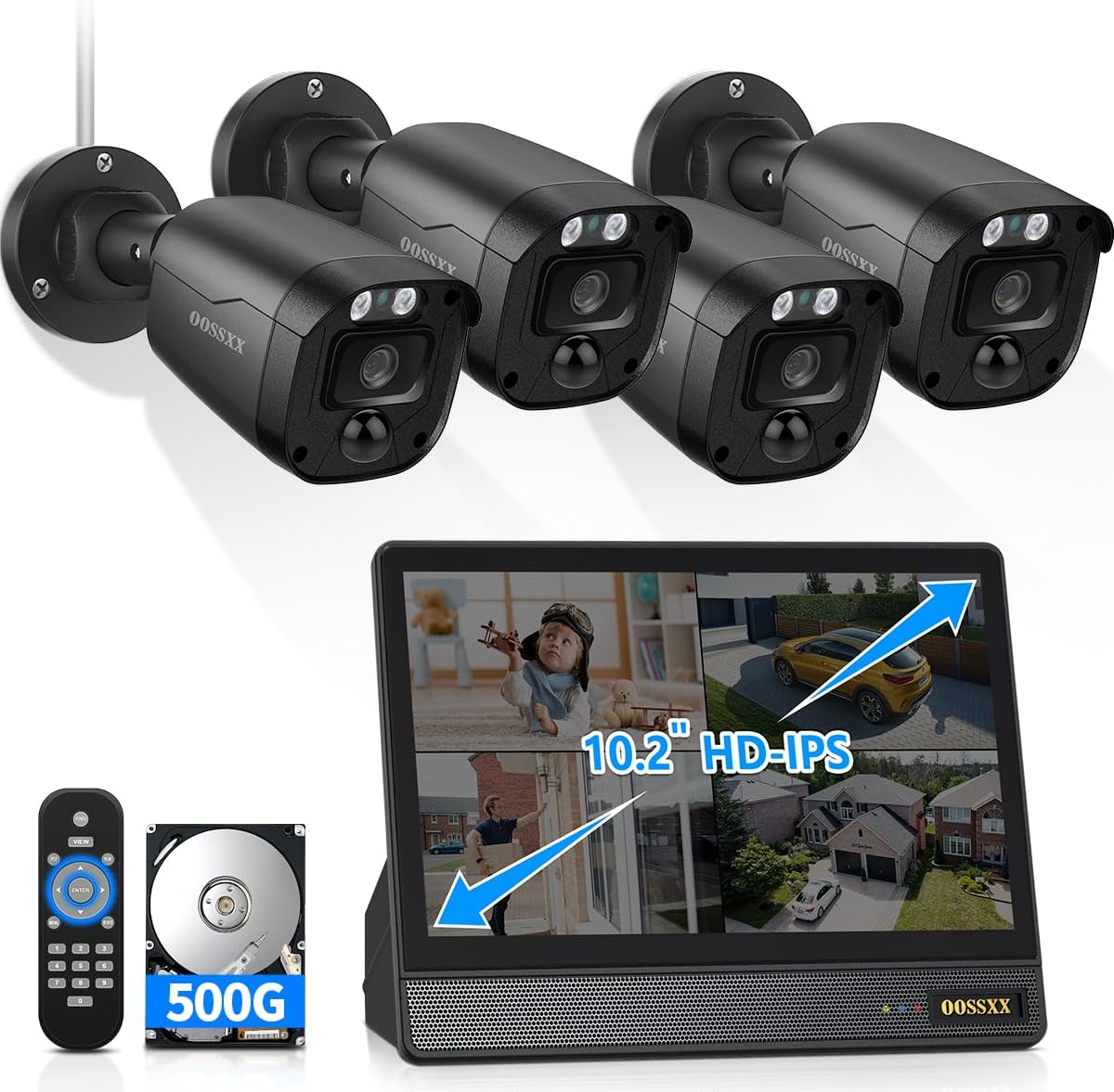 3K 5MP Wired CCTV Security Camera System with 122° Ultra Wide Angle, 4CH DVR with Monitor, 4X IP66 Indoor Outdoor Cameras, 65ft IR Night Vision, Free App, No Subscription Fee, Remote Access