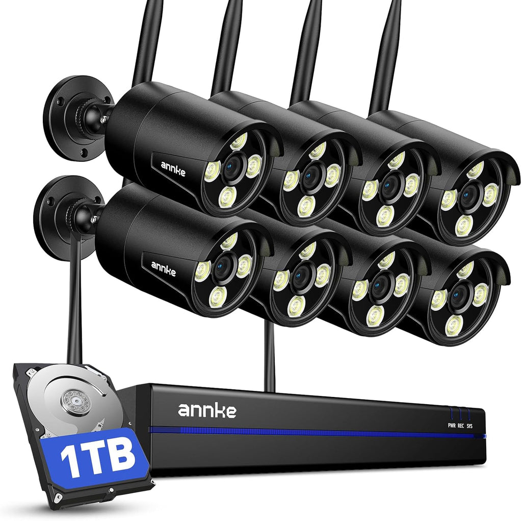 ANNKE Wireless Security Camera System-16CH Expandable 4K Security NVR, 8Pcs 2K Outdoor Cameras, 2-Way Voice, Motion Alert, Weatherproof, Mobile App-Controlled for Indoor/Outdoor Use, 1TB