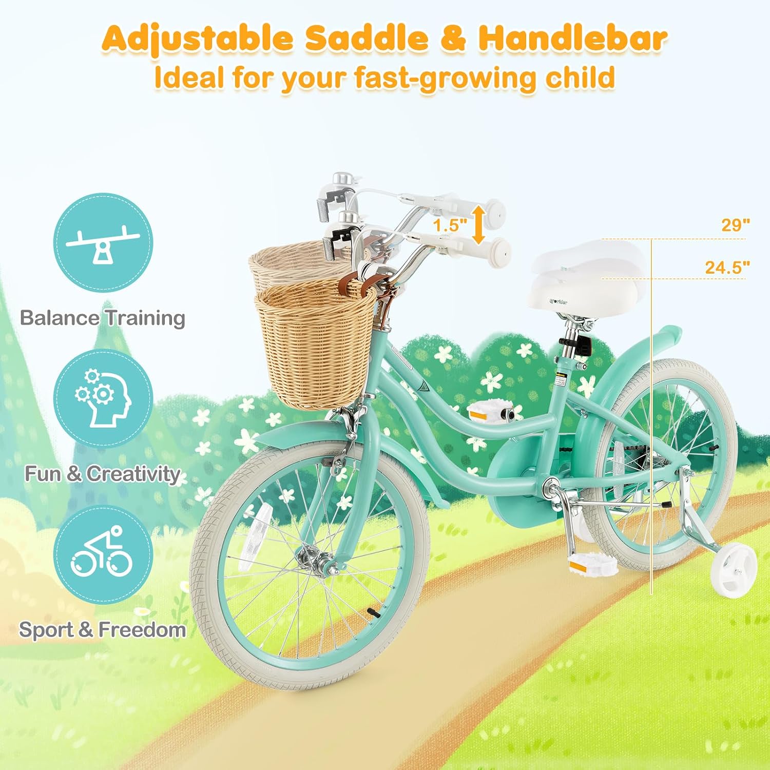 BABY JOY Kids Bike, 14 16 18 Inch Retro Kids Bicycles for 3-8 Years Old Children with Training Wheels, Adjustable Height, Rattan Basket, Handbrake & Coaster Brake, Boys Girls Bike (Pink, Green, Blue)