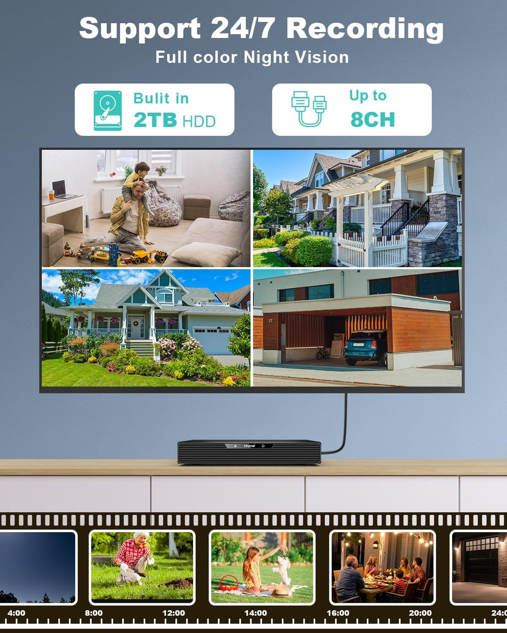 LITYMOL Home Security Camera System, 3K/5MP Wired 4-Cam Kit with AI Human/Vehicle Detection, Color Night Vision, 2-Way Audio, 4K 8CH NVR with 2TB HDD for 24/7 Recording, Remote Access, No Monthly Fee
