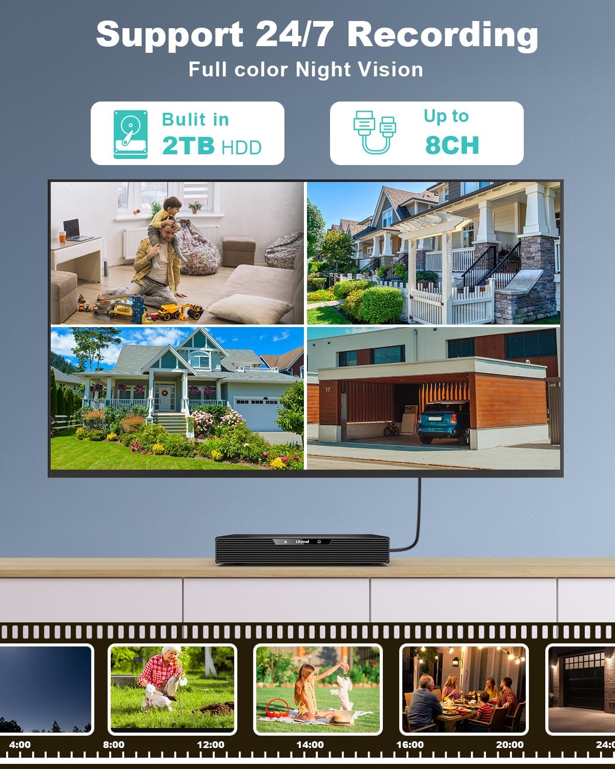 LITYMOL Home Security Camera System, 3K/5MP Wired 4-Cam Kit with AI Human/Vehicle Detection, Color Night Vision, 2-Way Audio, 4K 8CH NVR with 2TB HDD for 24/7 Recording, Remote Access, No Monthly Fee
