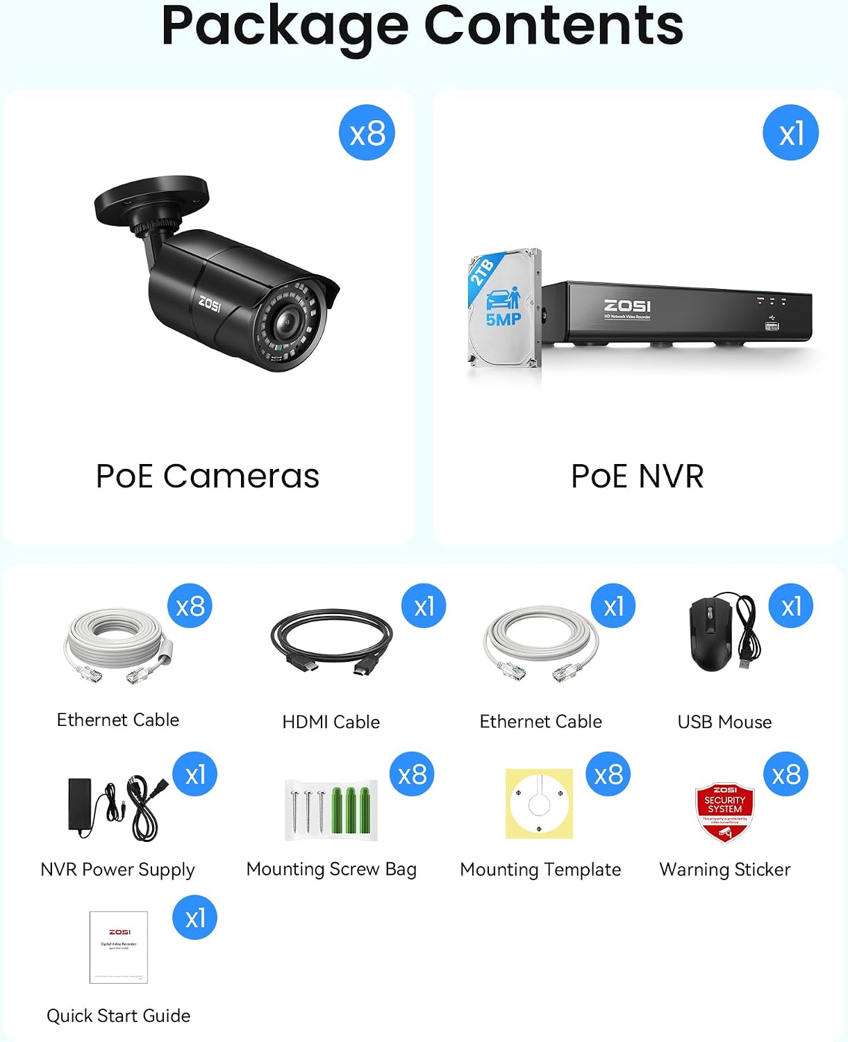 ZOSI 8MP 4K PoE Home Security Camera System Outdoor, H.265+ 8CH PoE NVR (16CH Expandable) with 2TB HDD for 24/7 Recording, 8PCS 5MP(3K) Bullet IP Cameras, Motion Detection, Remote Control
