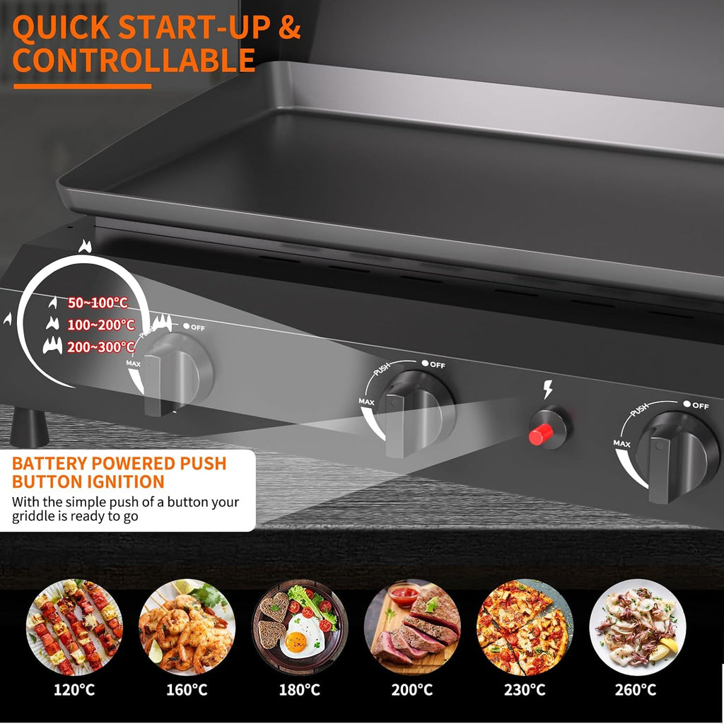 SKOK 3 Burner Gas Griddle With Hood-25.6 Inch Outdoor Propane Griddle-Portable Flat Top Gas Grill Camping Griddle Station with Side Shelves for Kitchen, BBQ, Camping Tailgating
