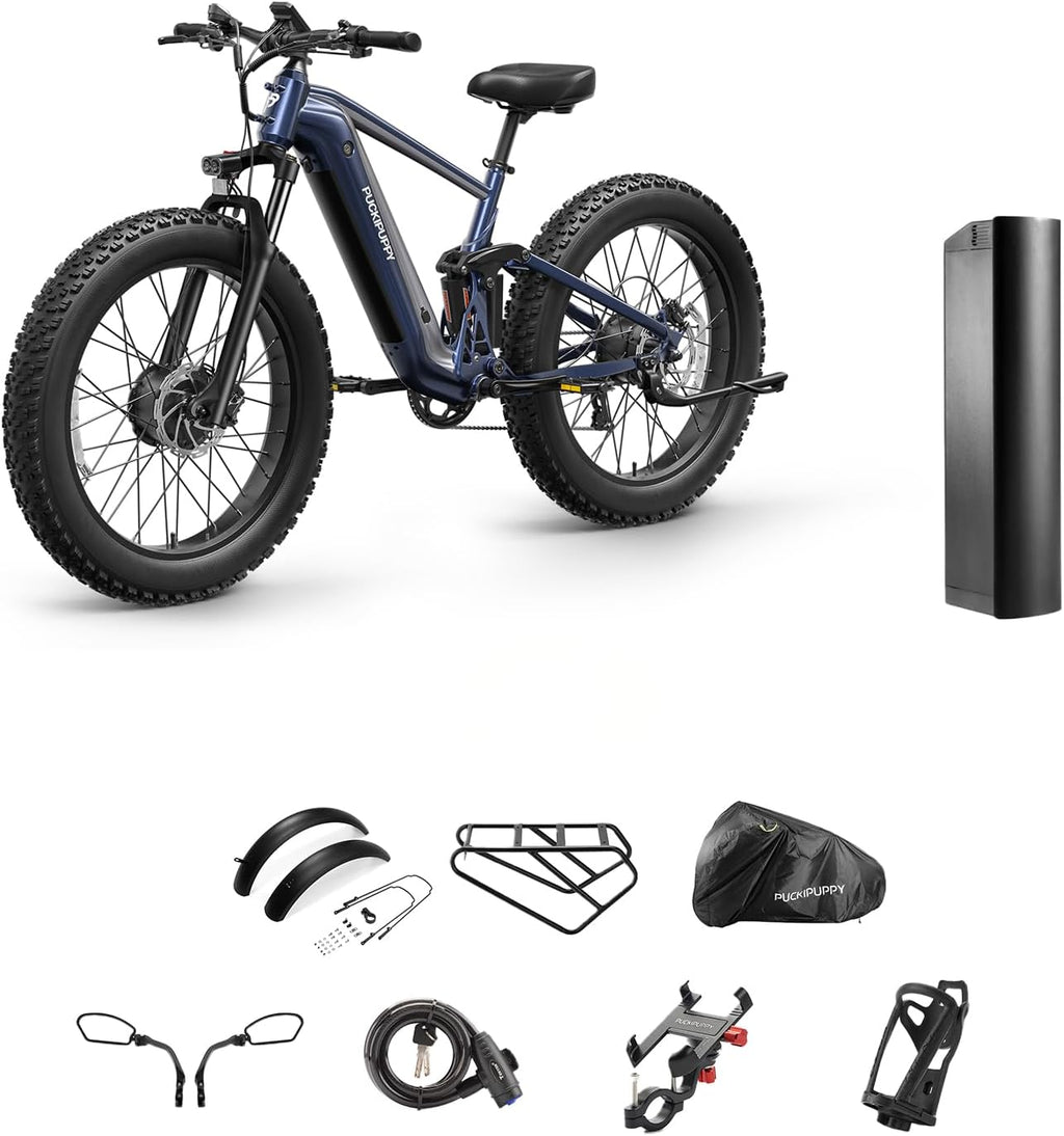 PUCKIPUPPY Dual Motor Electric Bike for Adults 1600W, 48V 20AH Battery with Torque Sensor, Full Suspension, 26' Fat Tire, 28MPH, 80 Mile Range, 8 Speed Mountain Electric Bicycle Golden Retriever Pro