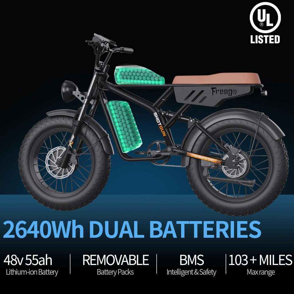Freego Electric Motorcycle Bike for Adults, Dual Motor & Dual Battery, 2000W/48V/55Ah, 20'x4.0' Fat Tires Off Road Electric Dirt Bike Bicycle,34MPH & 103 Miles EBike UL 2849 Certified