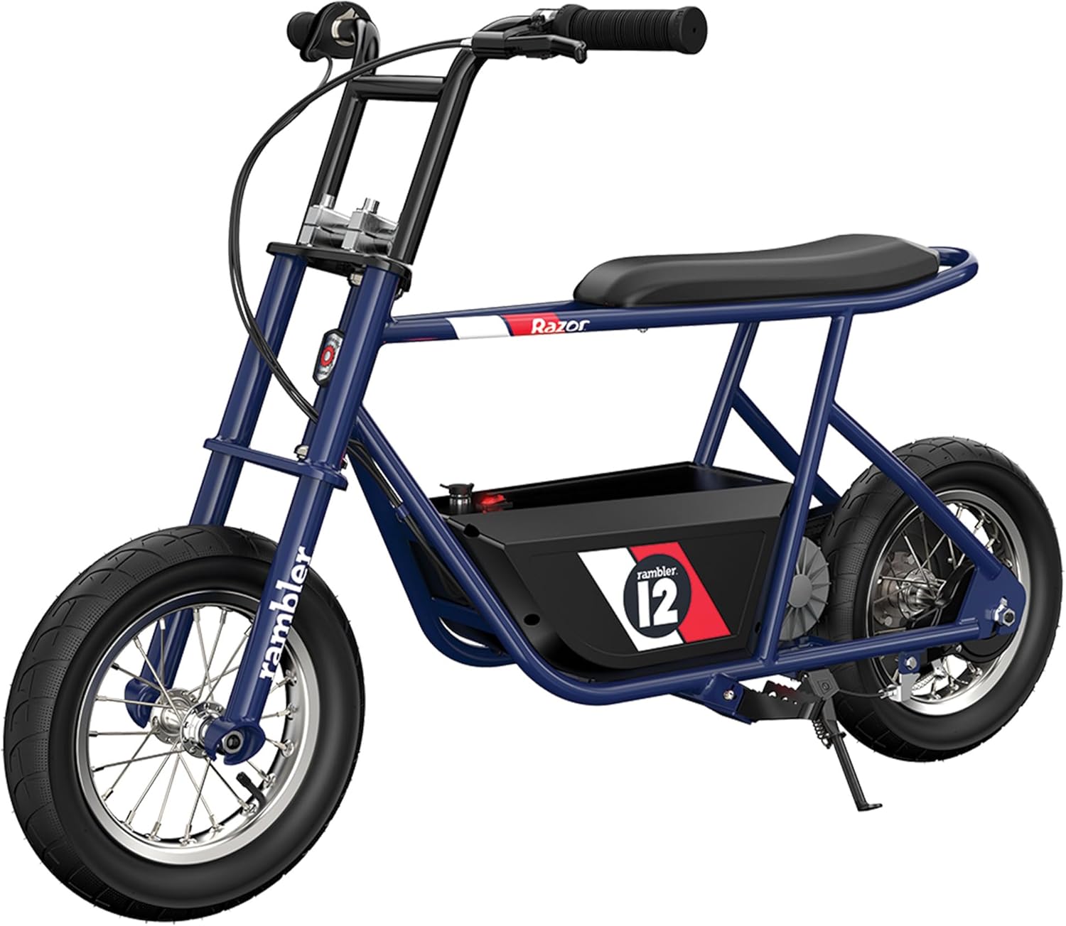 Razor Rambler 12 Electric Retro Mini Bike Ride for Teens Ages 13+, 170 lb Max Weight, Dark Blue – 250W Motor, Up to 14 Mph, 40-Min Run Time, Twist-Grip Throttle, Spoked Wheels w/ 12' Pneumatic Tires