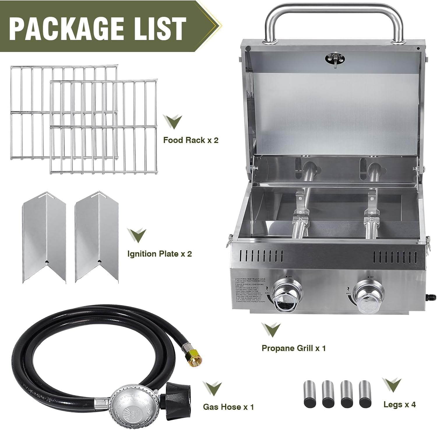 Llamaviva 2-Burner Tabletop Gas Grill with Outdoor Table, Portable Stainless Steel Cooking Station with Storage Shelves, Hooks, and Locking Wheels for Tailgating, Camping & Backyard BBQ