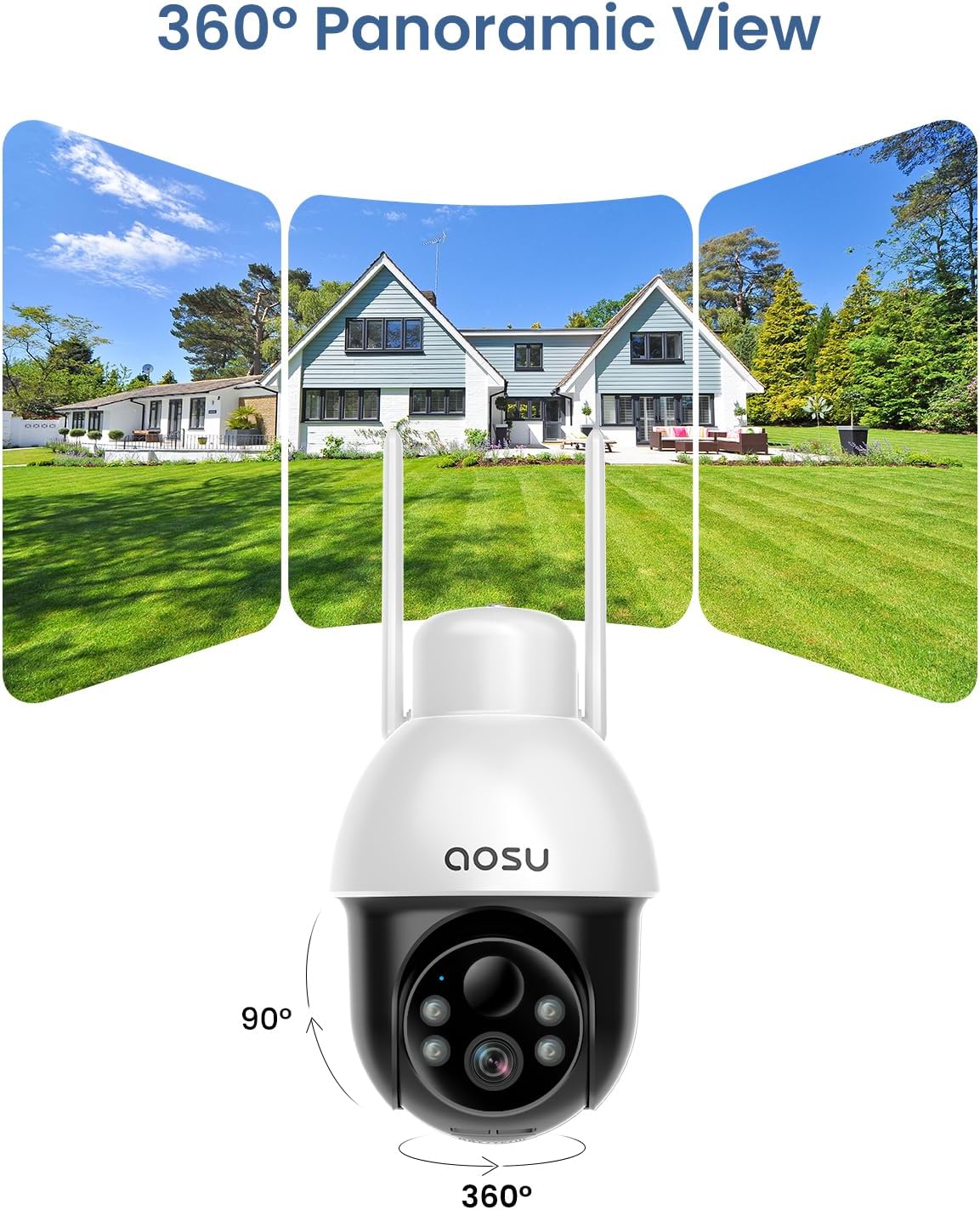 aosu Solar Camera Security Outdoor - Security Cameras Wireless Outdoor with 360° Panoramic View, Human Auto Tracking, 2K Night Vision, Compatible with Alexa/Google Assistant (2 Pack)