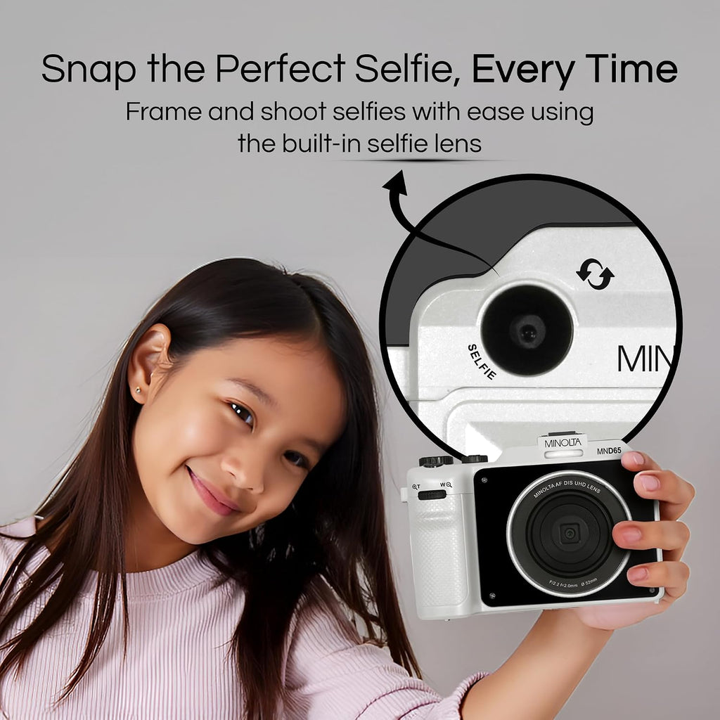 Minolta Digital Camera – 56MP Photos, 4K 60FPS Video, Dual-Lens Selfie Design, 18X Zoom, Wi-Fi, RAW/JPEG Capture, 3' LCD, Replaceable Faceplates (Black & Purple), Compact Travel Camera (White)