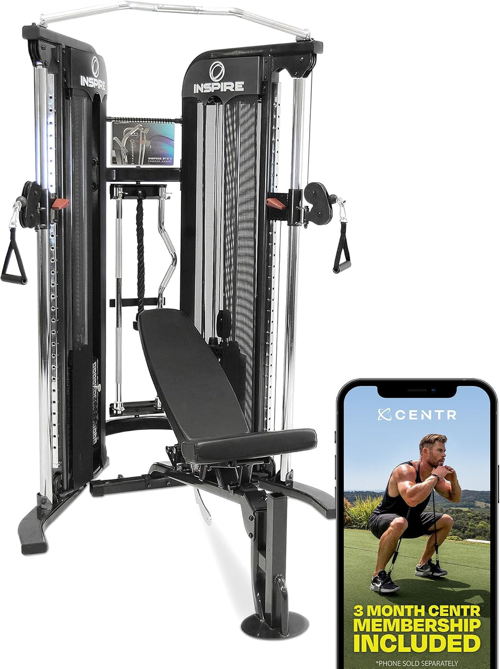 Inspire Fitness FT1 Functional Trainer with Bench - Compact at Home Workout Machine with Accessories - Two 165 lb Weight Stacks - Smooth Glide Cable Machine with Weight Bench