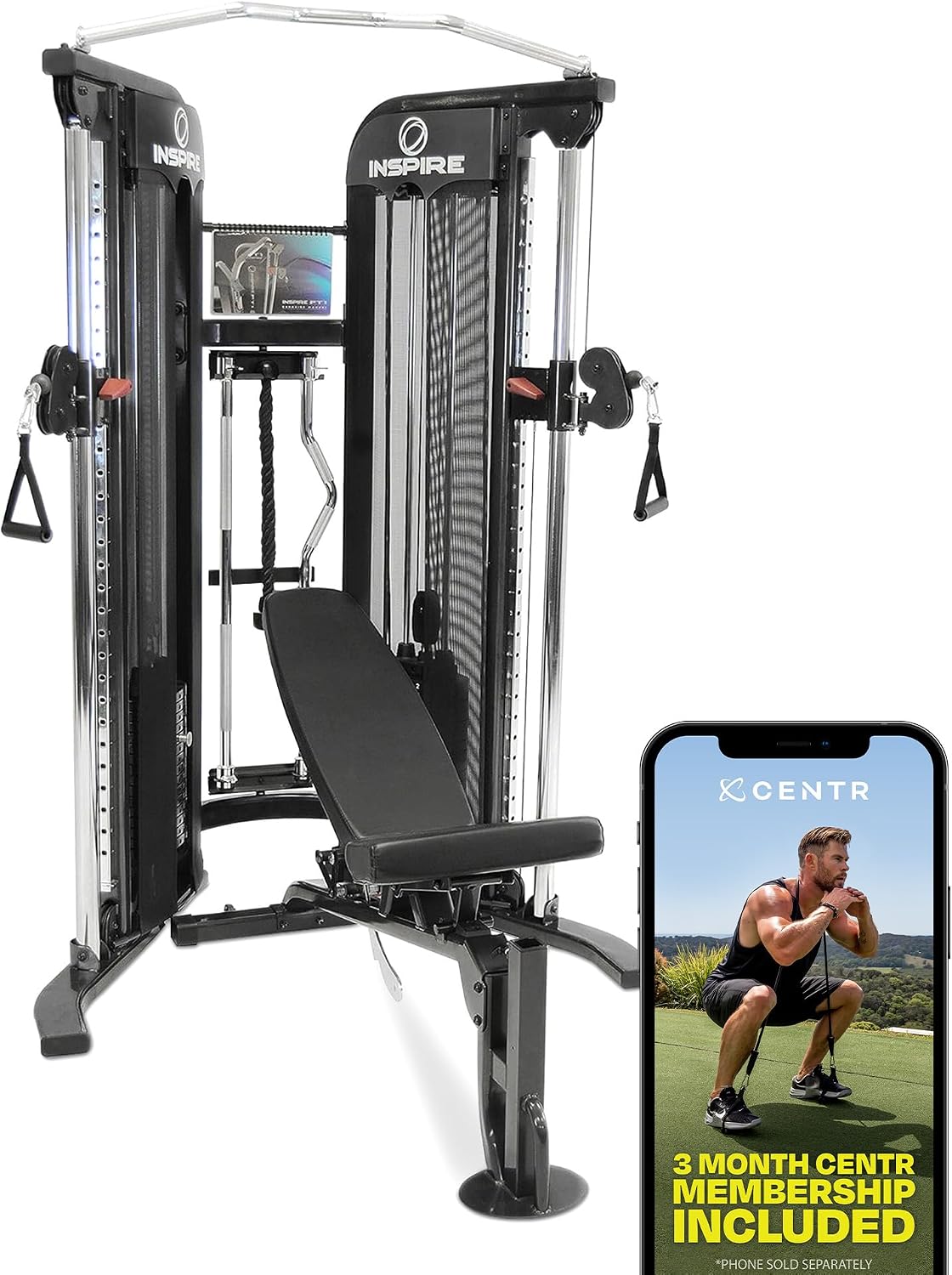 Inspire Fitness FT1 Functional Trainer with Bench - Compact at Home Workout Machine with Accessories - Two 165 lb Weight Stacks - Smooth Glide Cable Machine with Weight Bench